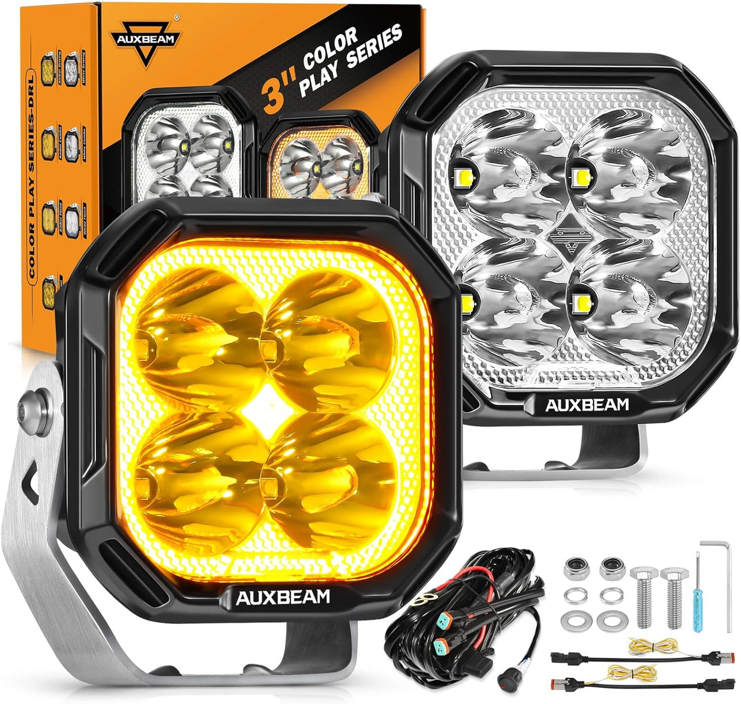 Auxbeam Color Play Series 3" LED Pod Lights, Offroad Spotlights with Amber White DRL & Turn Signal 11600LM Super Bright Square 100W Spot Beam Fog Cube Ditch Lights for Jeep ATV UTV, 2 Years Warranty