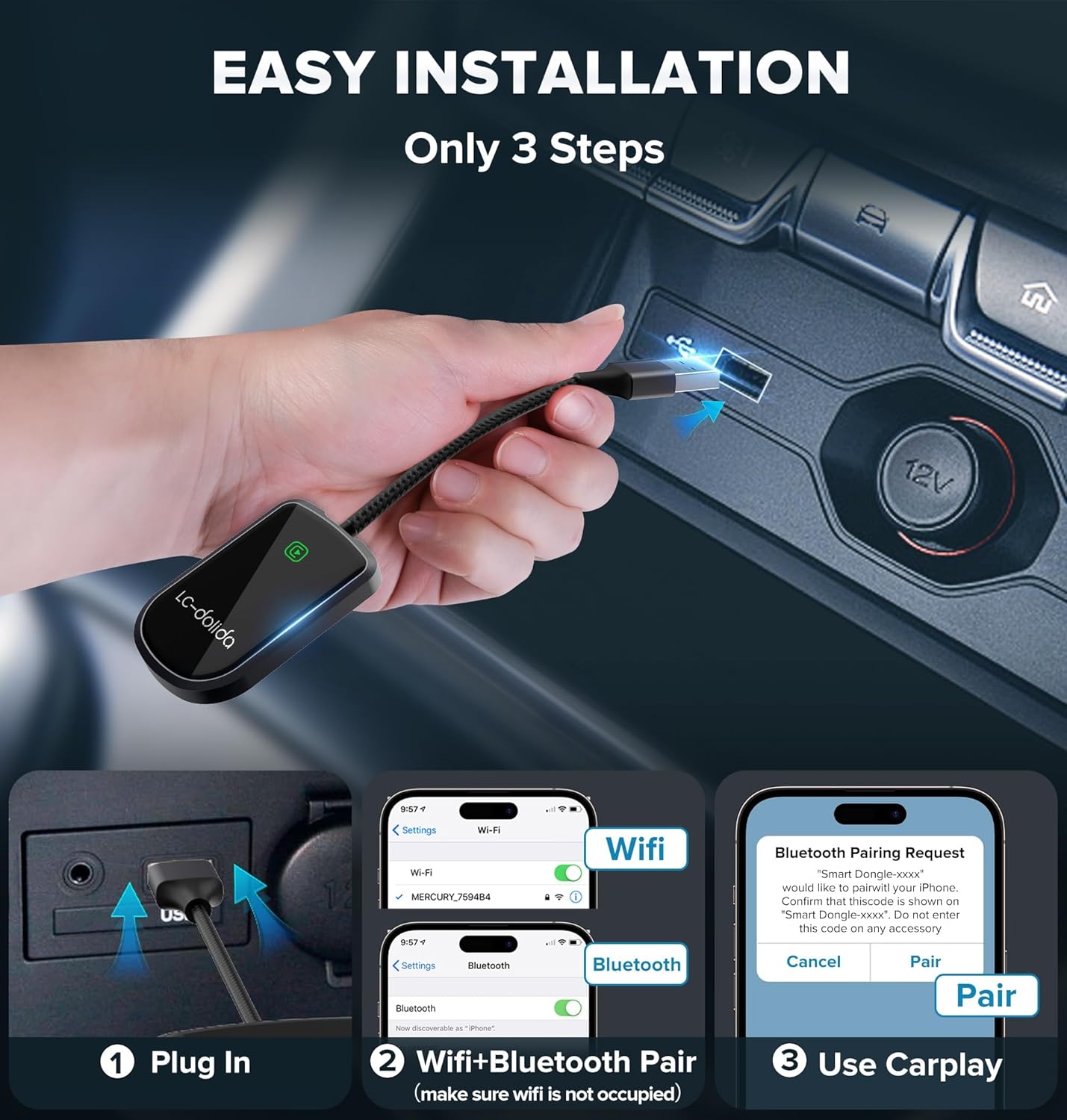 LC-dolida Wireless CarPlay Adapter for Apple -Convert Wired to Wireless Adapter Dongle Cars, Plug and Play for iOS 10+&Cars 2017