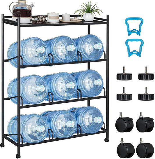 5 Gallon Water Bottle Holder, Water Jug Rack with Top Shelf, Wheels, Movable Water Jug Stand, Two Carry Handles, Heavy Duty 9-Tray Water Jug Stand for Kitchen Office Living Room Garage, Black