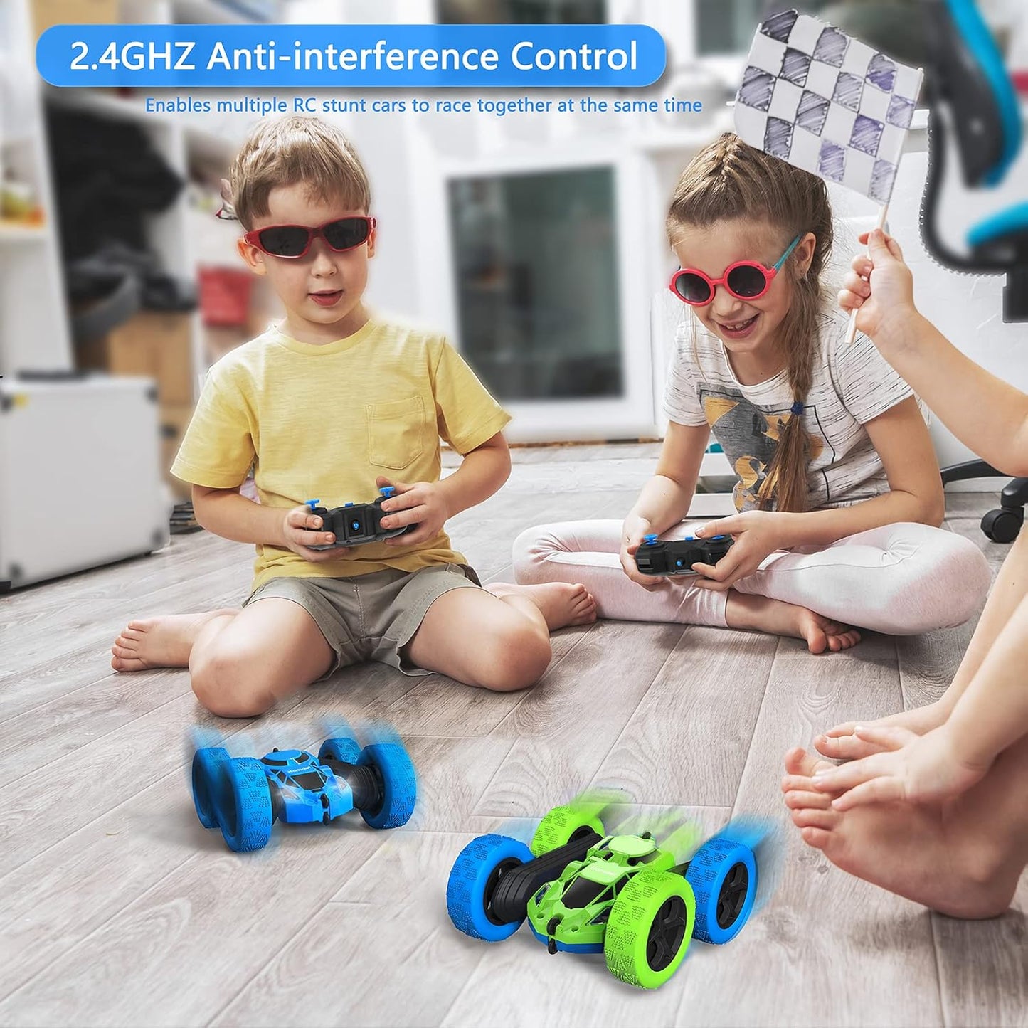 Remote Control Car for 6-12 Year Old Double Sided 360°Rotating 4WD RC Cars with Headlights 2.4GHz Electric Rechargeable Race Stunt Toy Car for Boys Girls Birthday (Blue&Green)