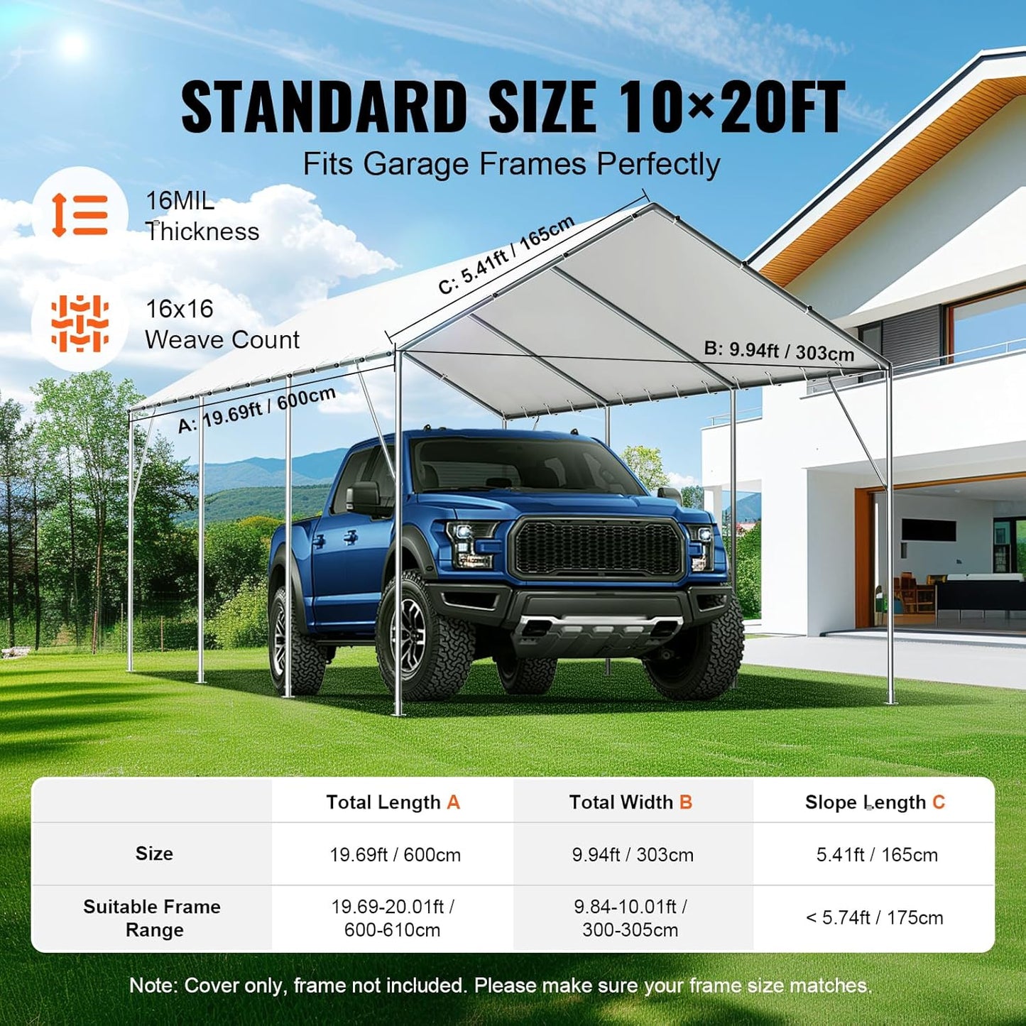 VEVOR 10x20' Canopy Replacement Cover Heavy Duty, Carport Garage Top Tent Shelter Tarp Waterproof & UV Protected, Easy Installation with 40 Free Ball Bungeess(Only Cover, Frame Not Include)