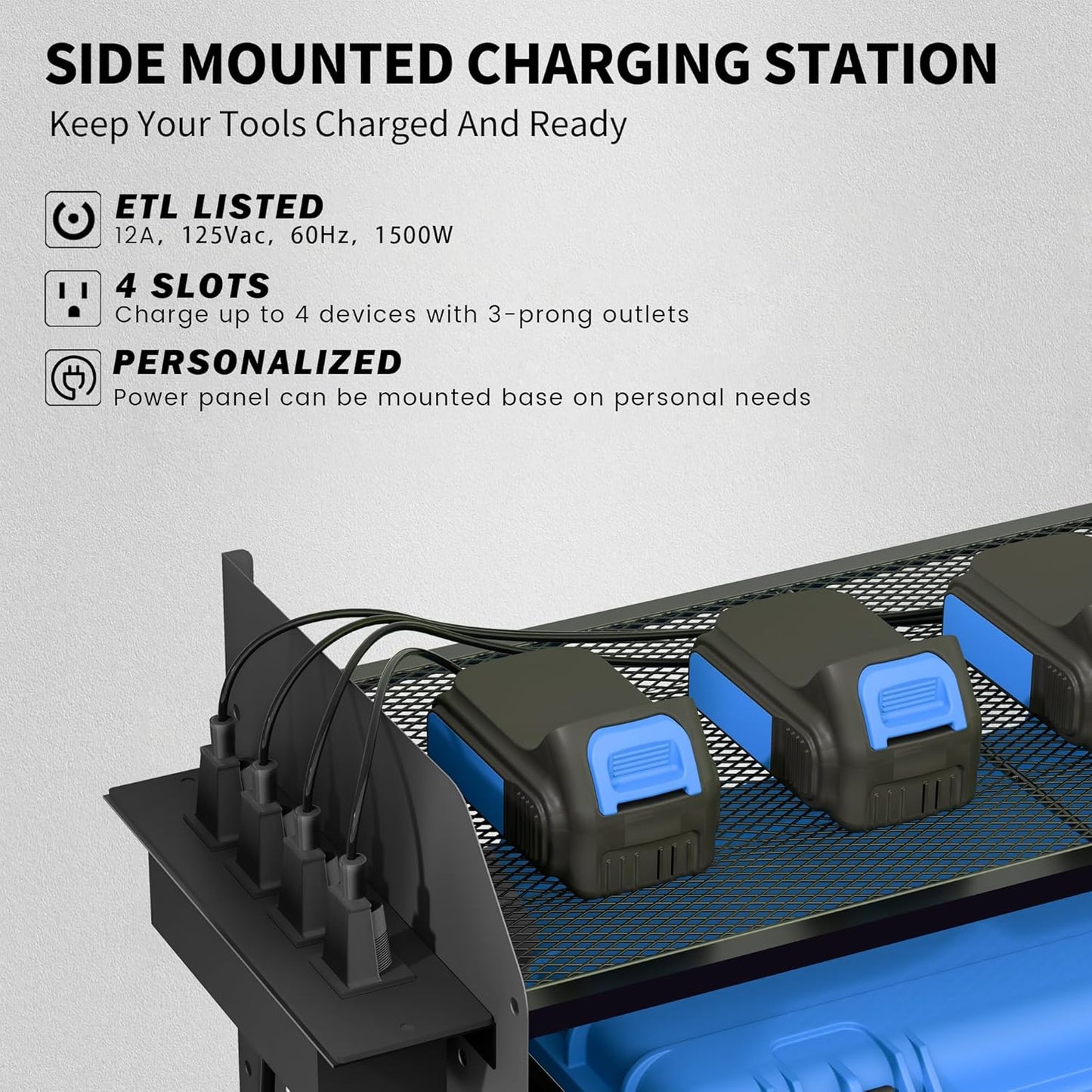 Power Tool Organizer Wall Mount – Adjustable Shelf, Side-Mounted 4-Outlet Charging Station | Heavy Duty Steel Drill Holder with Pegboards, Hooks & Drill Bit Rack for Garage & Workshop Storage