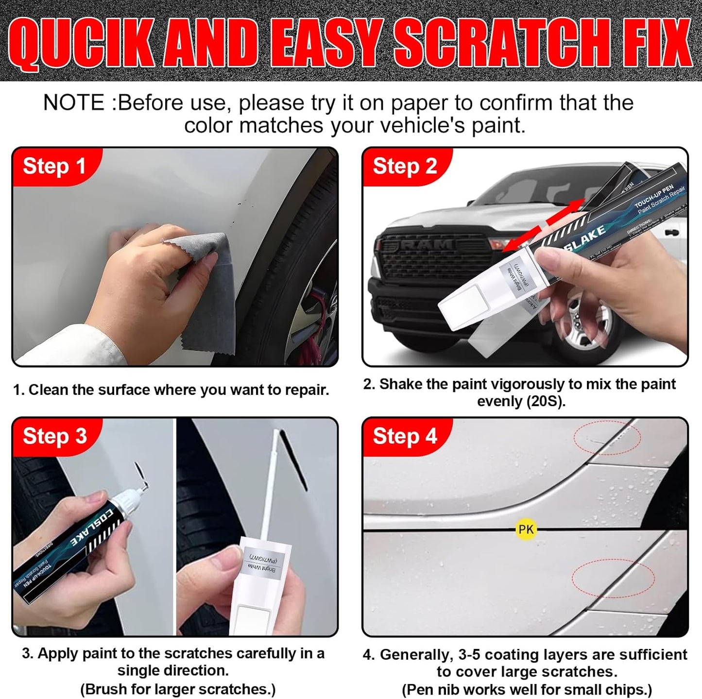 Car Touch Up Paint(Granite Crystal Metallic(PAU/LAU) ) for Dodge Ram, Car Paint Scratch Repair Kit, Quick & Easy Solution to Repair, 2 in 1 Scratch Remover Pen with 2PCS Disposable Micro Applicators