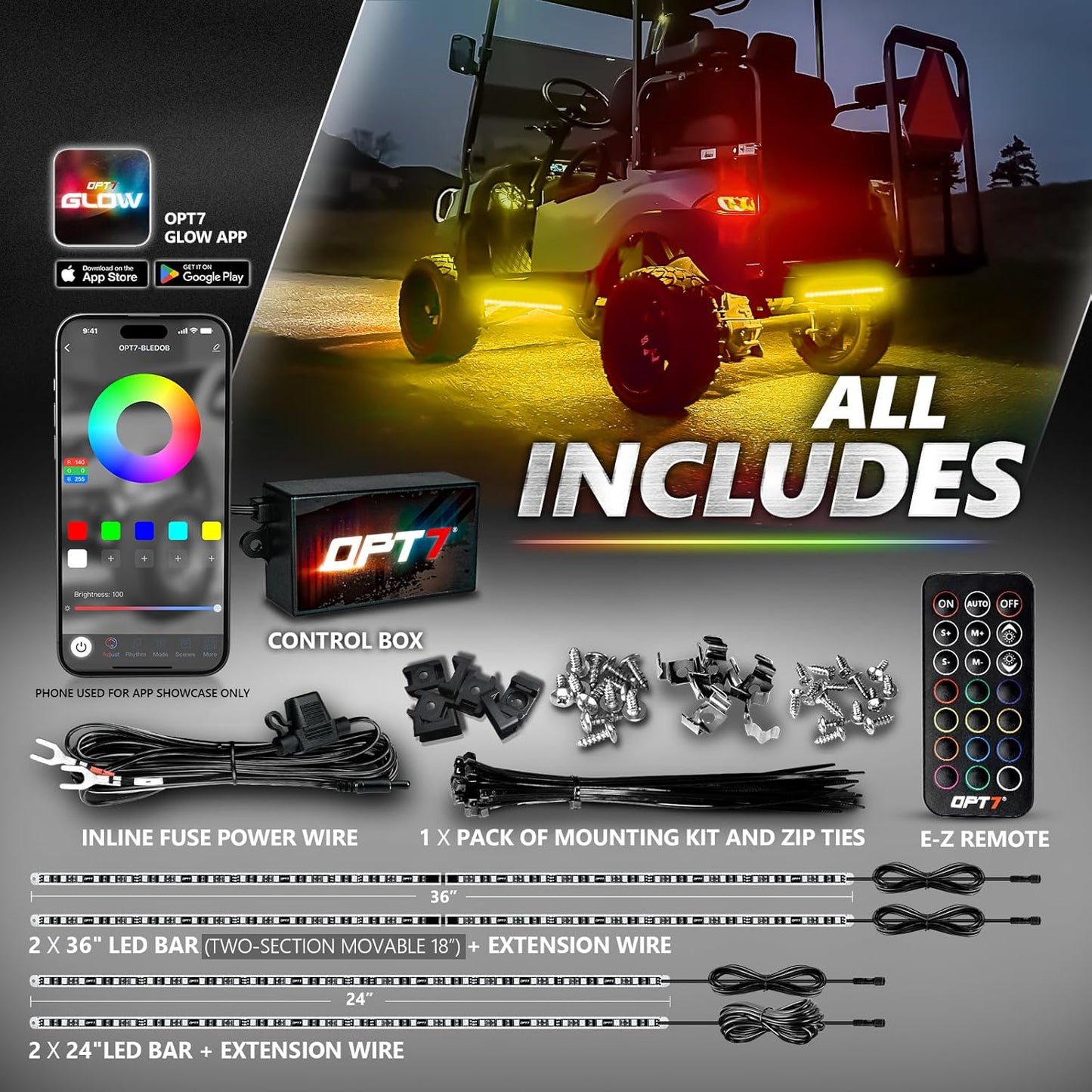 OPT7 Aura Pro Underglow Lights Kit for Golf Cart with APP & Remote Control, Waterproof Rigid Aluminum Light Bar, RGB Multicolor Music Sync LED Lighting Kit for EZGO Yamaha Club Car, 12V