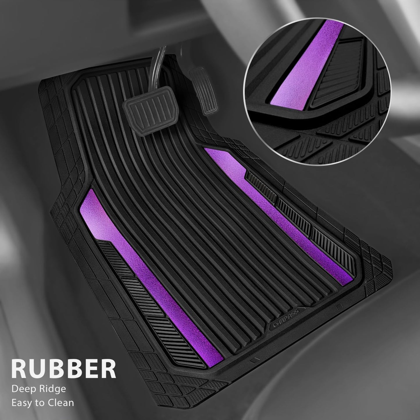 CAR PASS Heavy Duty Rubber Car Mats Metallic,Aluminum Film All Weather Floor Mats Waterproof Universal Trim to Fit SUVs Sedans Vans 4 Piece Anodized Deep Dish Two-Tone Sporty Black Purple Chrome