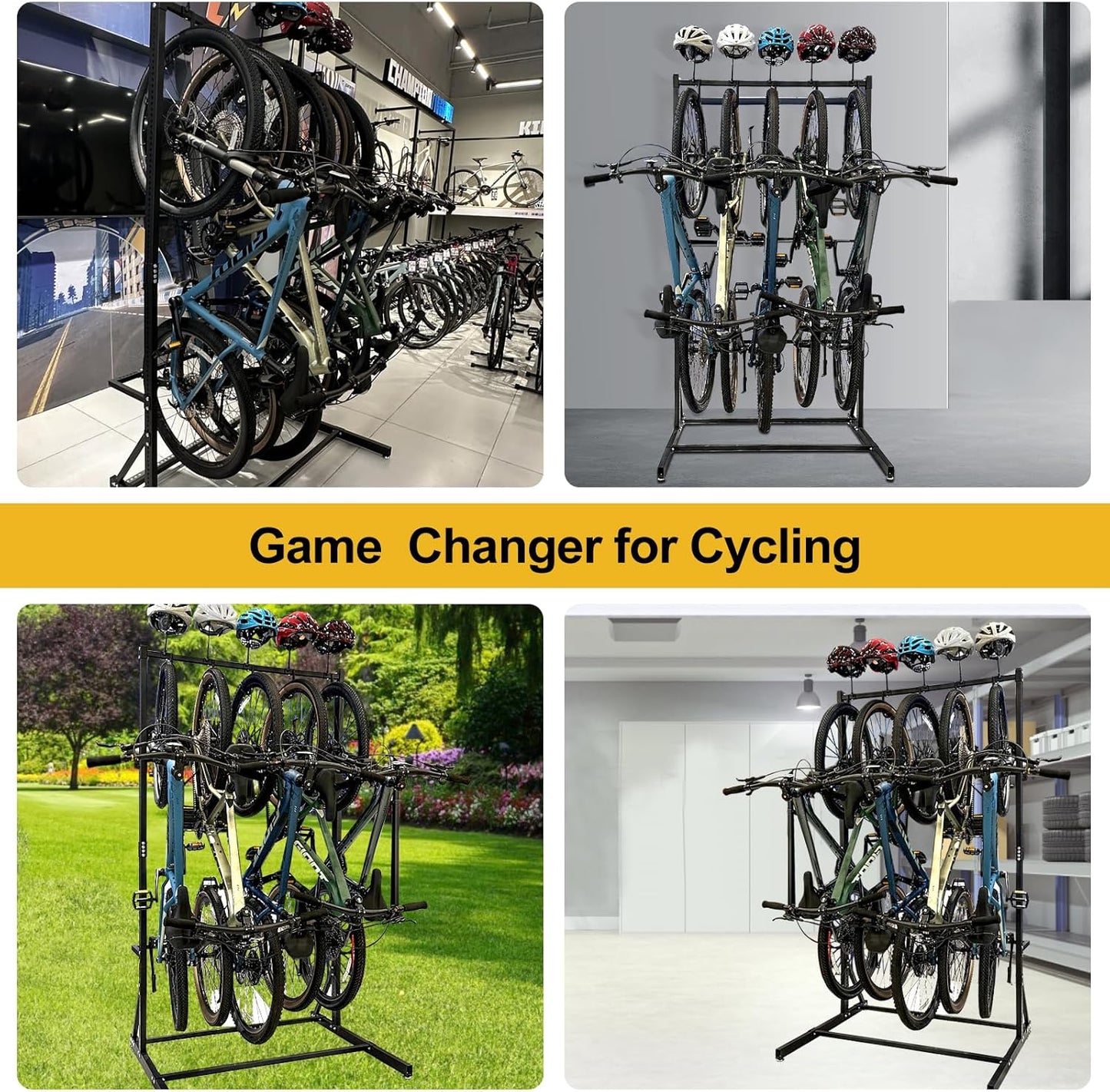 Upgraded Freestanding Bike Rack Storage - Vertical Bike Stand Max 5 Bikes with Helmet Holders, Heavy-Duty Solid Steel Bicycle Stand Indoor Garage Floor Stand