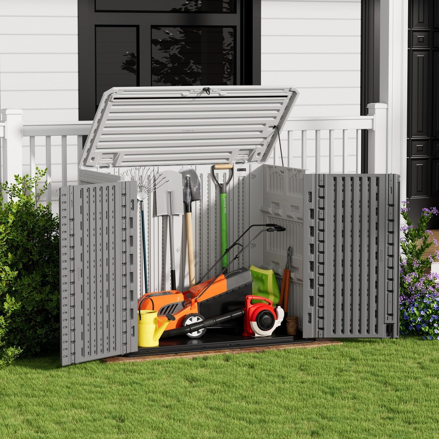 ZZM Outdoor Storage Shed Diamond Texture 4x3FT Horizontal Shed | 34 Cu.Ft Waterproof Resin Cabinet with Double-Wall | UV-Resistant & Lockable for Garden Tools, Bikes, Patio Furniture (Grey-White)