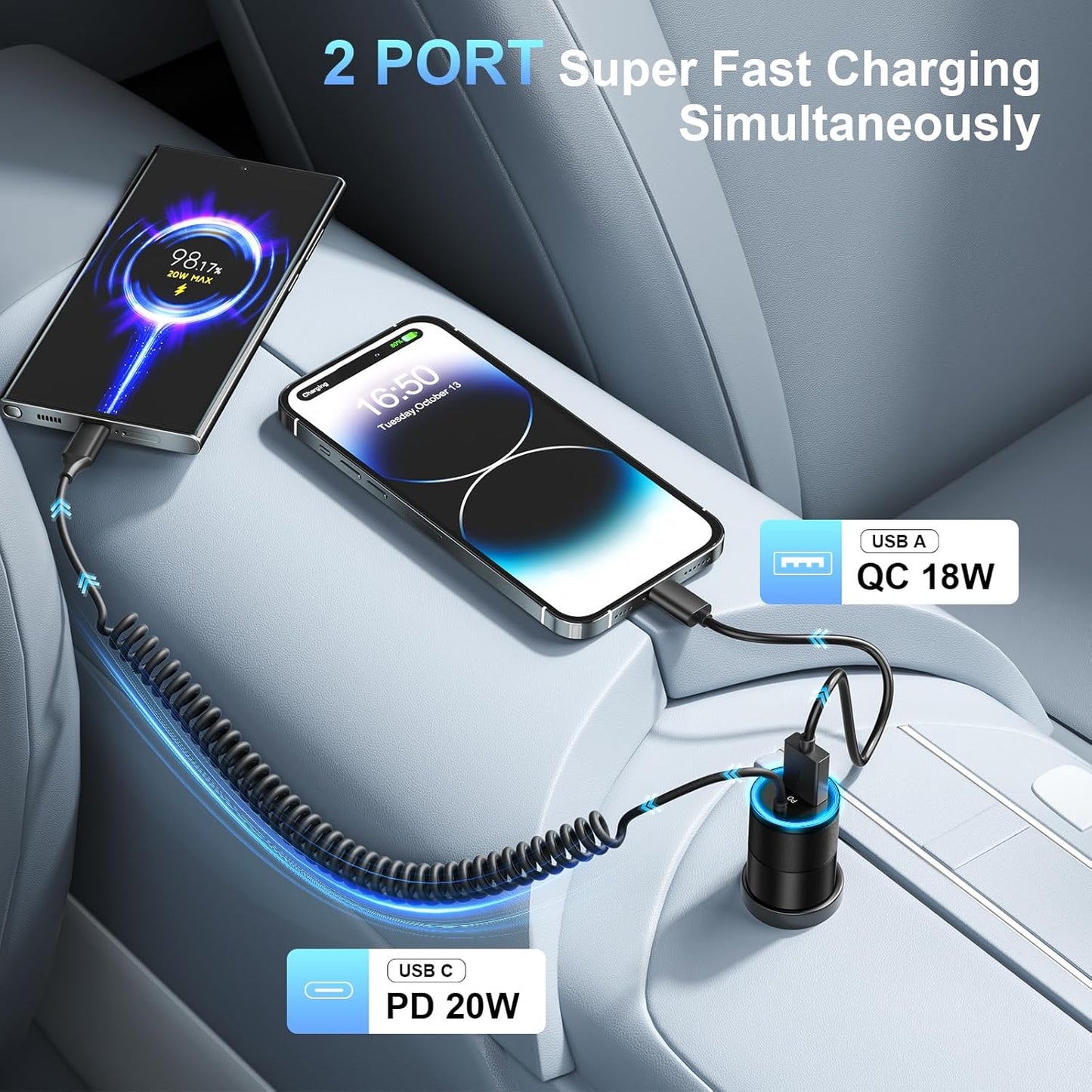 3-Pack USB C Car Charger,38W Fast Charging Car Phone Charger+3.5FT Type C Coiled Cable,PD&QC 3.0 Car Charger Adapter Compatible with iPhone 16/15 Plus/Pro/Max,Galaxy S24 S23 Ultra,iPad,LG