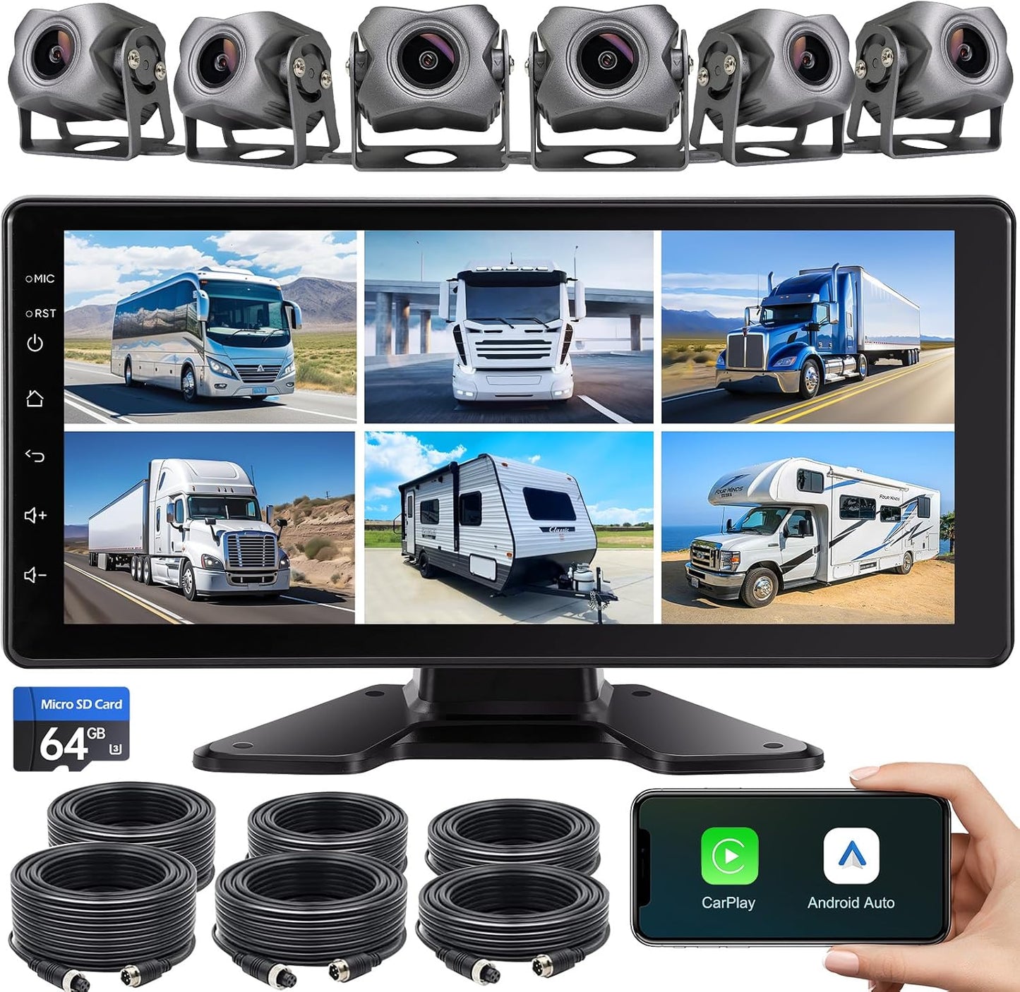 6-Channel 1080P Dash Cam Backup Camera System with 10.33 Inch Touch Screen Parking Monitor, Back Up Camera Car Radio for RV/Truck/Trailer/Van/SUV/Cars,Wireless Carplay/Android Auto/WiFi/Bluetooth/FM