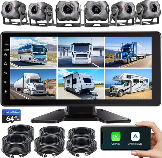 6-Channel 1080P Dash Cam Backup Camera System with 10.33 Inch Touch Screen Parking Monitor, Back Up Camera Car Radio for RV/Truck/Trailer/Van/SUV/Cars,Wireless Carplay/Android Auto/WiFi/Bluetooth/FM