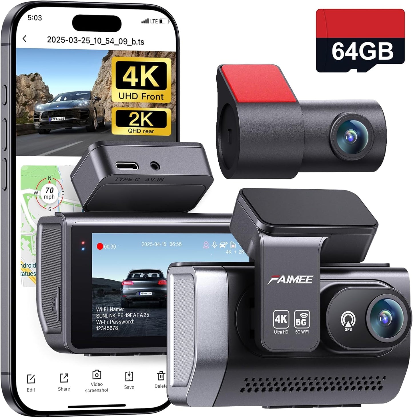 4K Dash Cam Front and Rear with GPS, Upgraded 5.8G WiFi, Dual Dash Camera for Cars, Night Vision, WDR, 160°Wide Angle, 24H Parking Monitor, Emergency Lock, 3" IPS Screen (64GB Card Included)