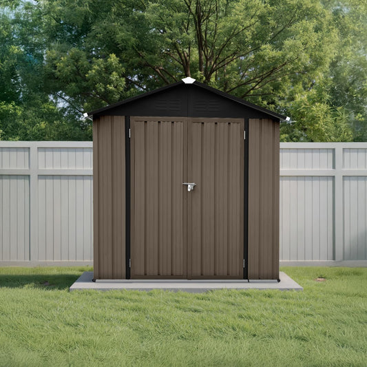 6' x 4' Outdoor Storage Shed, Sturdy Metal Building w/Lockable Doors for Garden, Backyard, Poolside and Lawn, Brown