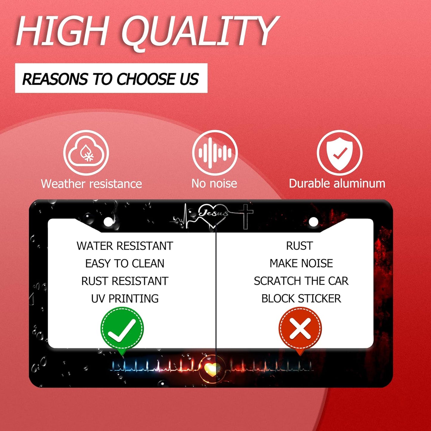 Jesus Heart Rate line License Plate Frame Christian Religious License Plate Frames Stainless Steel Accessories Cars Decor with 2 Holes and Screws Fits Standard US CA Vehicles Size 12.2 x 6 Inches