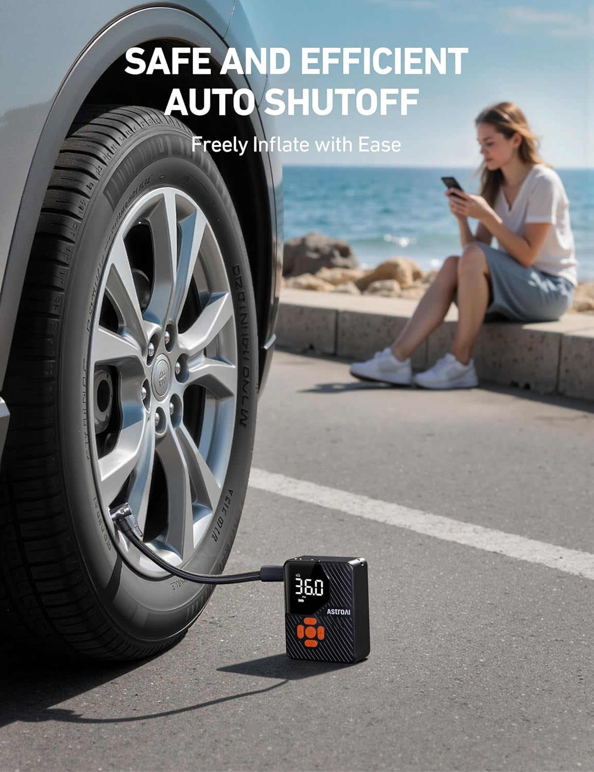 AstroAI L7 Mini Tire Inflator Portable Air Compressor,150 PSI Cordless Car Tires Air Pump with LED Lights&Pressure Gauge,Auto Shut-Off - Tire Pump for Auto,Motorcycle, Bicycle, Ball Orange