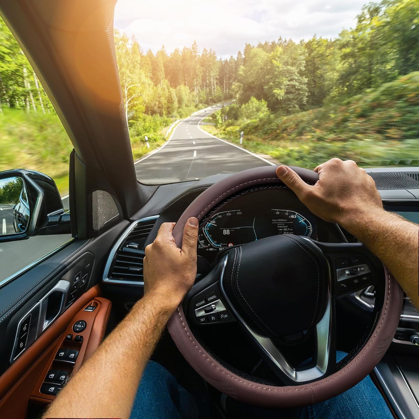 【2025 Model】 Breathable Soft Leather Car Steering Wheel Cover for Men Women, Non-Slip, Comfortable,Universal 15 inches Steering Wheels, Brown