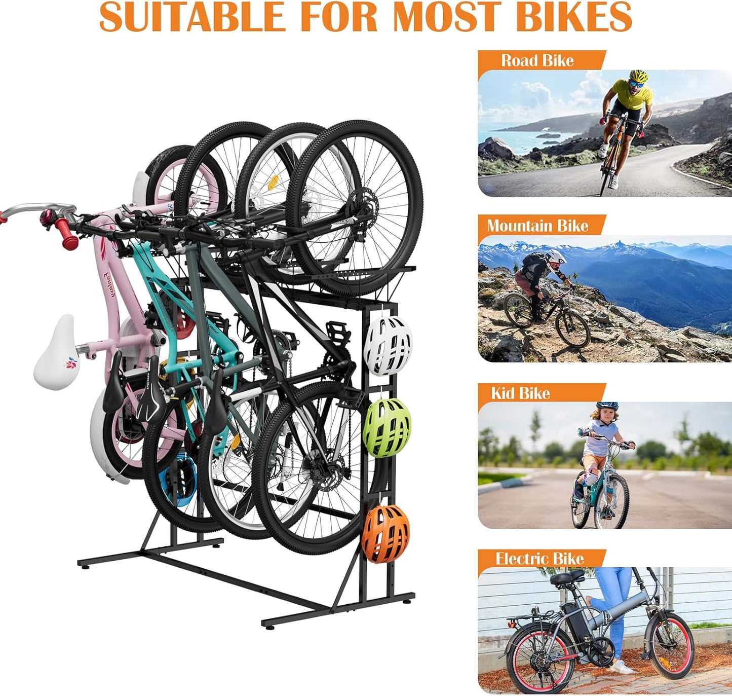 OYEAL Bike Rack Garage Floor Bike Storage Stand with 6 Hooks, Indoor Vertical Bicycle Organizer for 3 Adult Mountain/Road &1 Kids Bikes, Max Tire Width 2.6”, Black