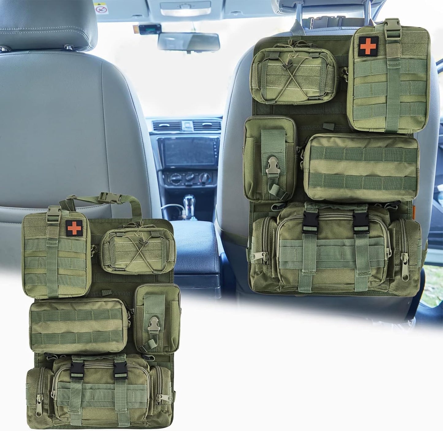 Universal Tactical Seat Back Organizer Vehicle Molle Panel Organizer Storage Bag with 5 Detachable Molle Pouch for All Vehicel Such as Jeep,Truck,SUV, Car, Ford,Chevy etc