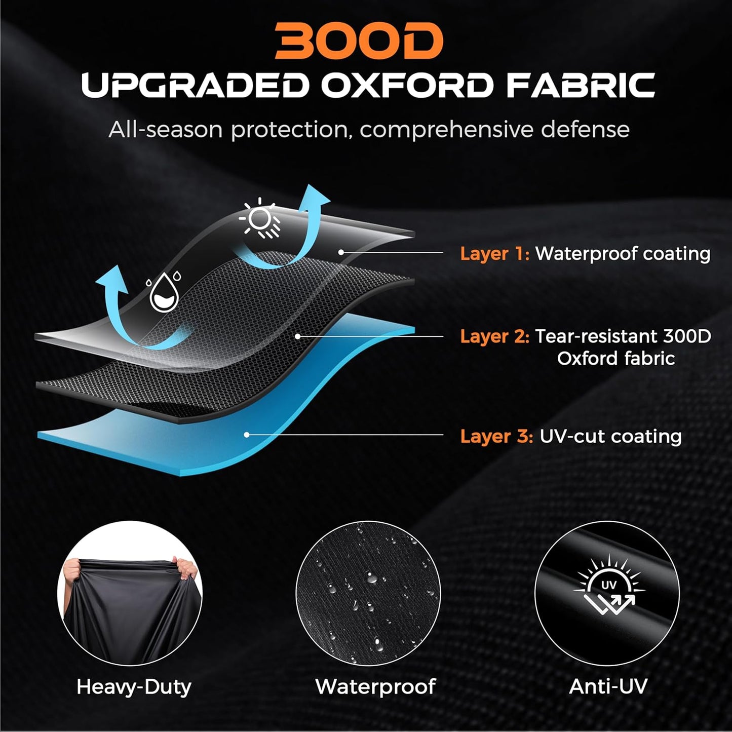 Motorcycle Cover Waterproof Outdoor, 300D Heavy Duty 250cc, UV & Rain Resistant, Windproof with 3 Buckles, Fits Most Motorcycles, Cruisers, Sportbikes, Dirt Bikes, Scooters up to 120" - 5XL Size