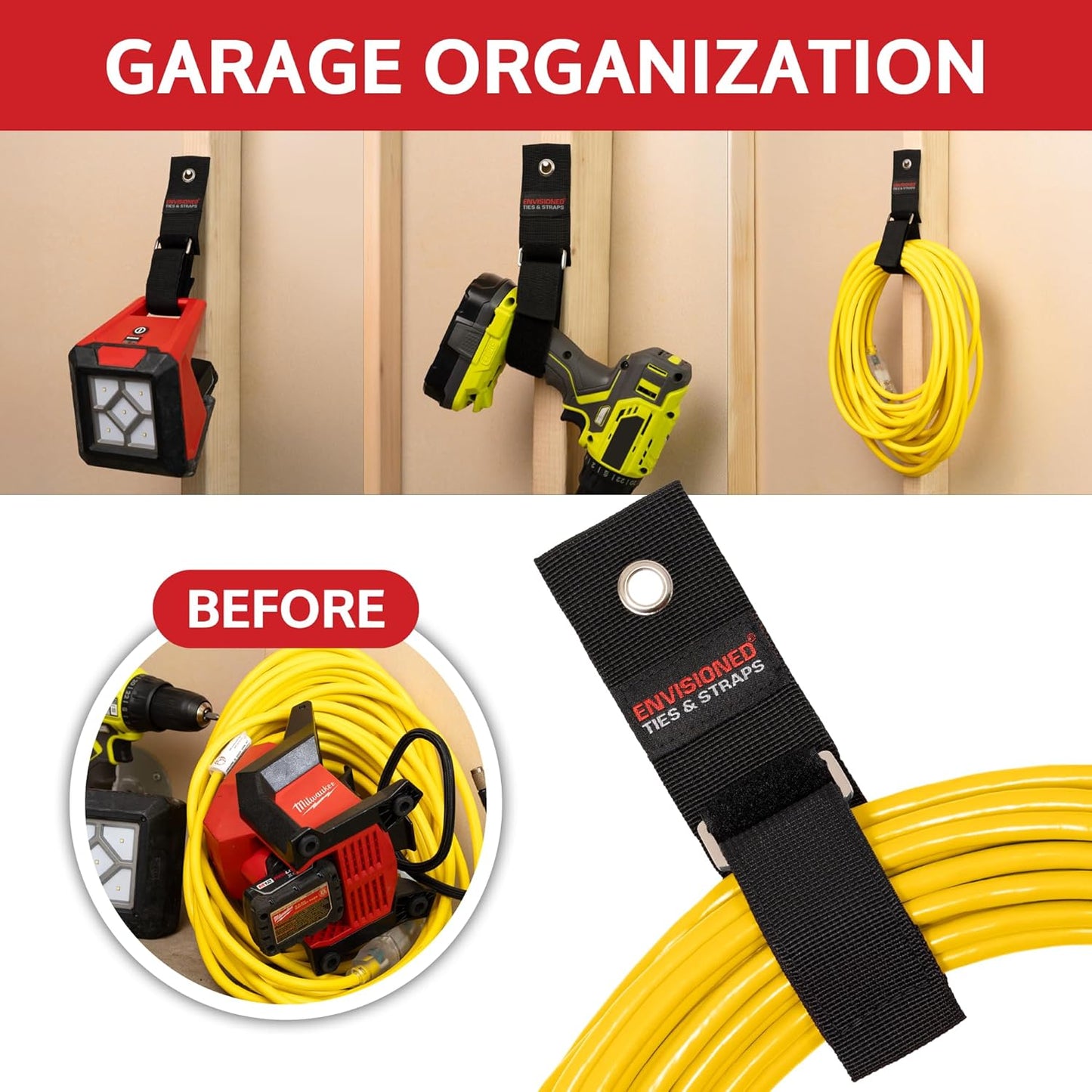 Heavy Duty Hanging Storage Cinch Straps with Metal Buckle (4 Pack, 1.5" x 12") - Electrical Extension Cord & Garden Hose Holder, Cable Management, Storage Organizer in Garage, Workshop - ENVISIONED