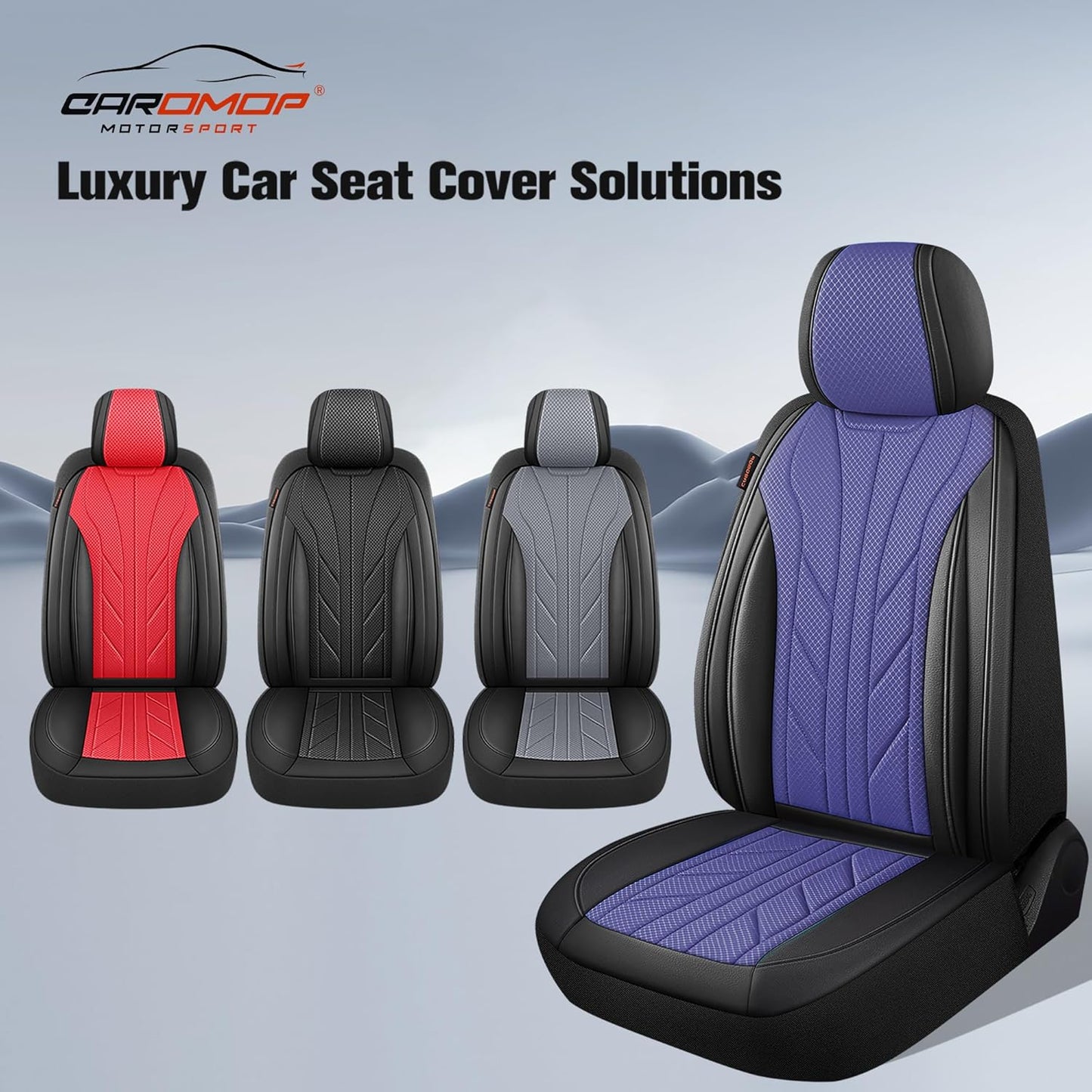 CAROMOP Luxury Faux Leather&Fabric Car Seat Covers 2 Front Seats with Breathable 3D Foam Back Support, Universal Seat Covers for Cars,Trucks,SUVs, Front Armrests Compatible(Black/Blue)