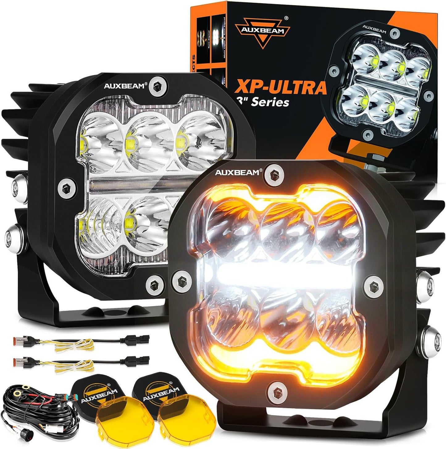 Auxbeam XP-Ultra Series 3 Inch LED Pod with DRL & Turn Signal 84W 9600LM Spot Flood Combo Ditch Lights Offroad Driving Amber Fog Light Bar with Black & Yellow Light Covers, Pair