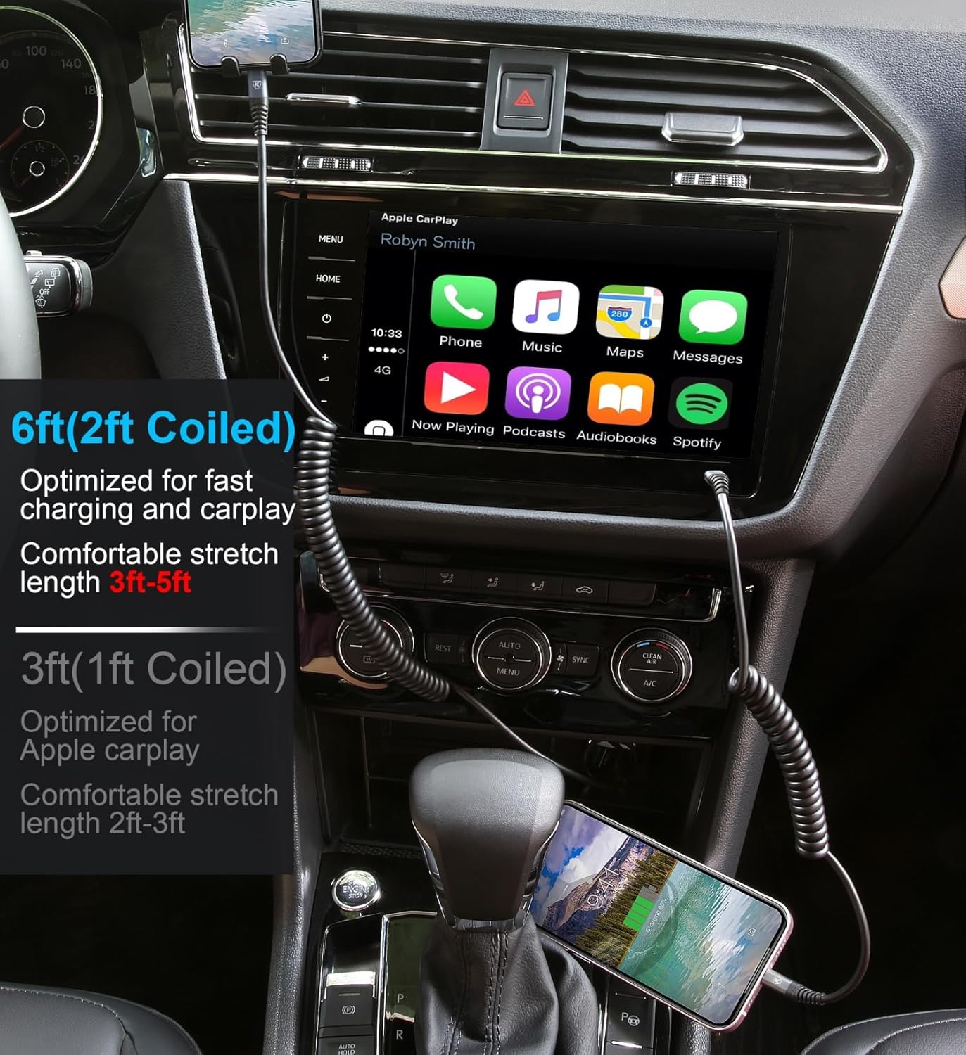 KIYODA USB Type C to Lightning Cable 6FT 2Pack, Coiled iPhone Charger Fast Charging for CarPaly Short USBC iPhone Cord for iPhone14/13/12/11 Pro Max/iPad/CarPlay-Black