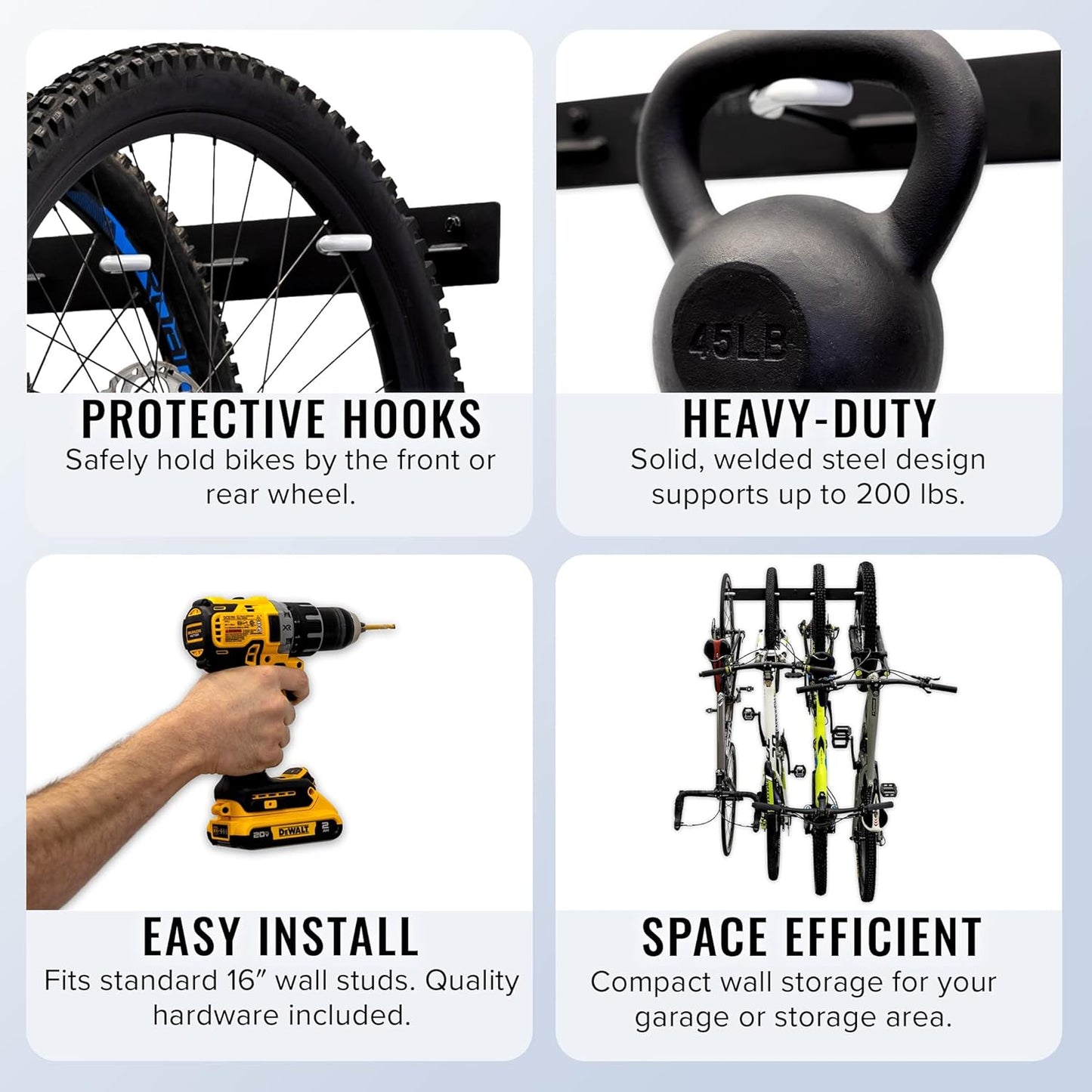 4 Bike Rack for Garage - Solid Steel Extra Heavy Duty BLAT Bike Rack - Garage Wall Mounted Bicycle Storage