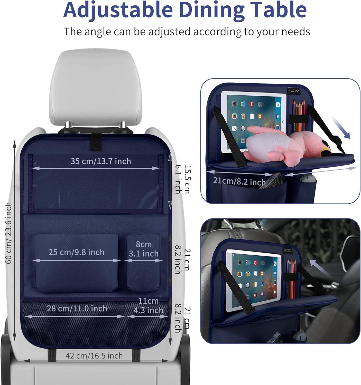 LUCMO Car Backseat Organizer with Tablet Holder,6 Storage Pockets Car Storage Organizer with Foldable Food Tray,Seat Protectors Kick Mats Travel Accessories-Dark Blue