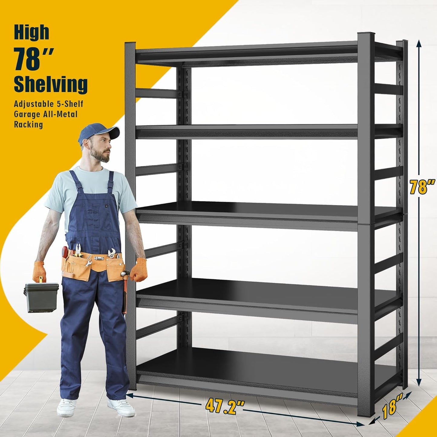 78"H Garage Shelving Heavy Duty Shelving Units, 3500LBS Large Capacity Adjustable 5 Tier Metal Garage Storage Shelves Industrial Shelf Rack for Warehouse and Basement, 18"Dx 47.2"Wx78"H, Black