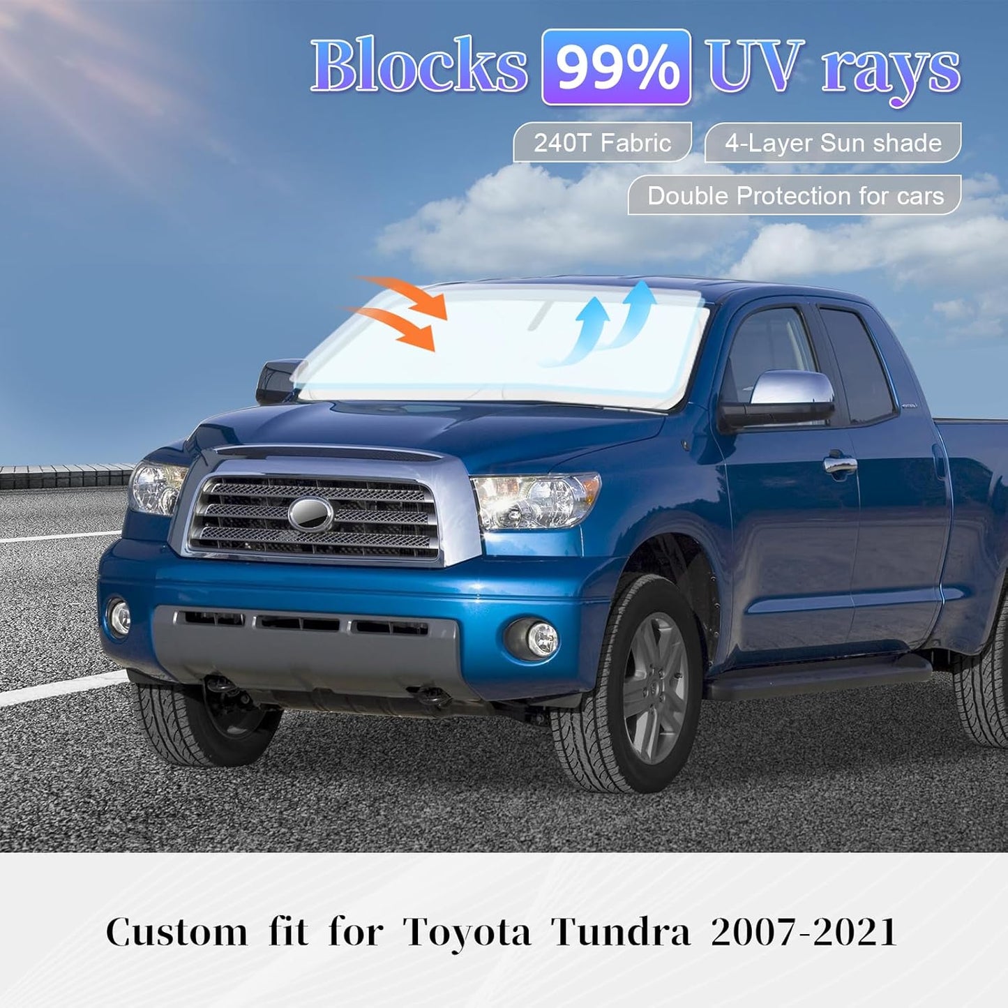 Sun Shade Sunshade for Toyota Tundra Windshield Cover, 4-Layer Front Window Shade Custom fit Tundra 2007-2021 Limited SR5 Platinum TRD Pro Pickup Sun Visor 240T Shade Blocks UV Rays Car Accessories