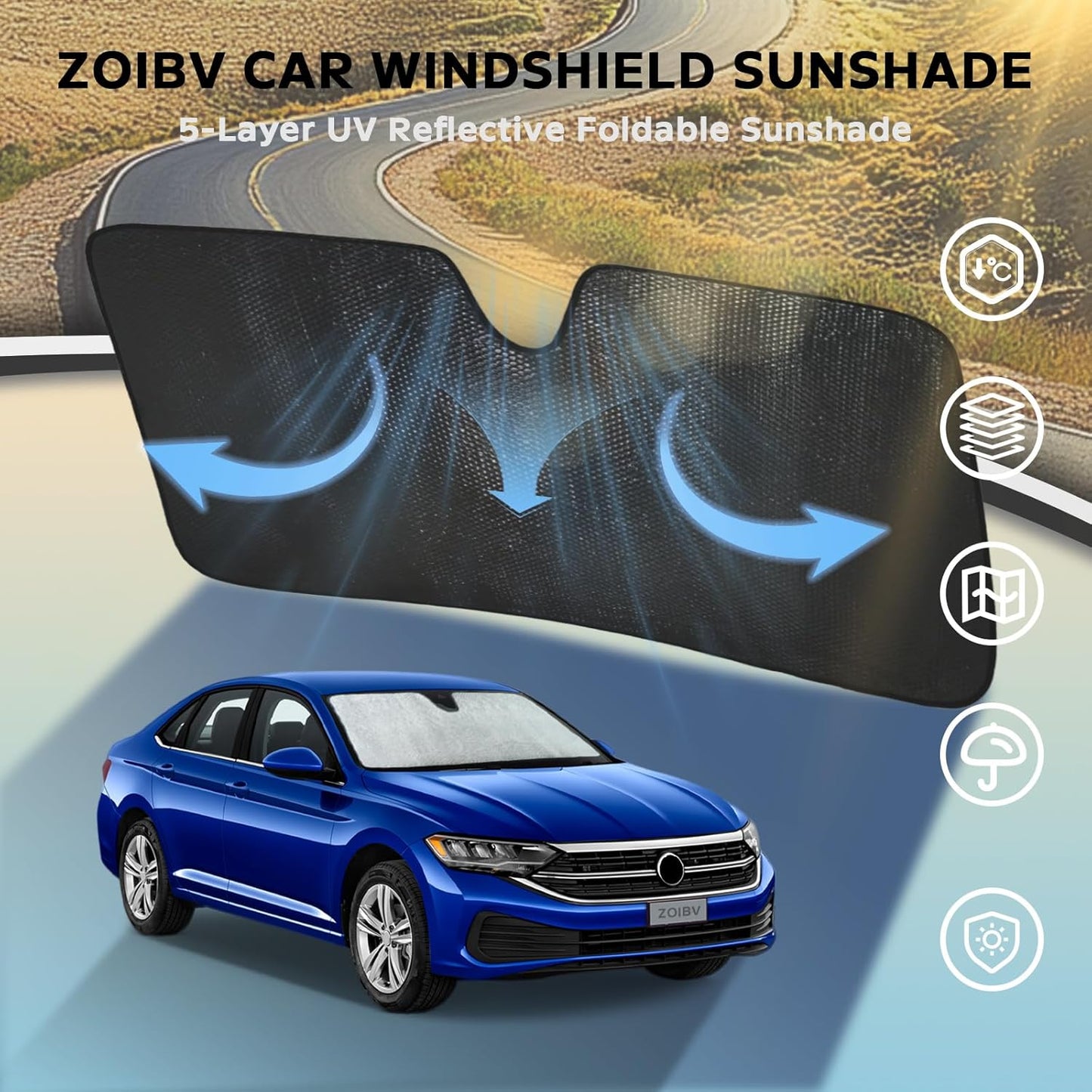 Windshield Sun Shade for Volkswagen VW Jetta 2019-2025 - 5-Layer Bubble Foldable Front Window Shade Sun Visor Accessories - Blocks Heat & UV Rays