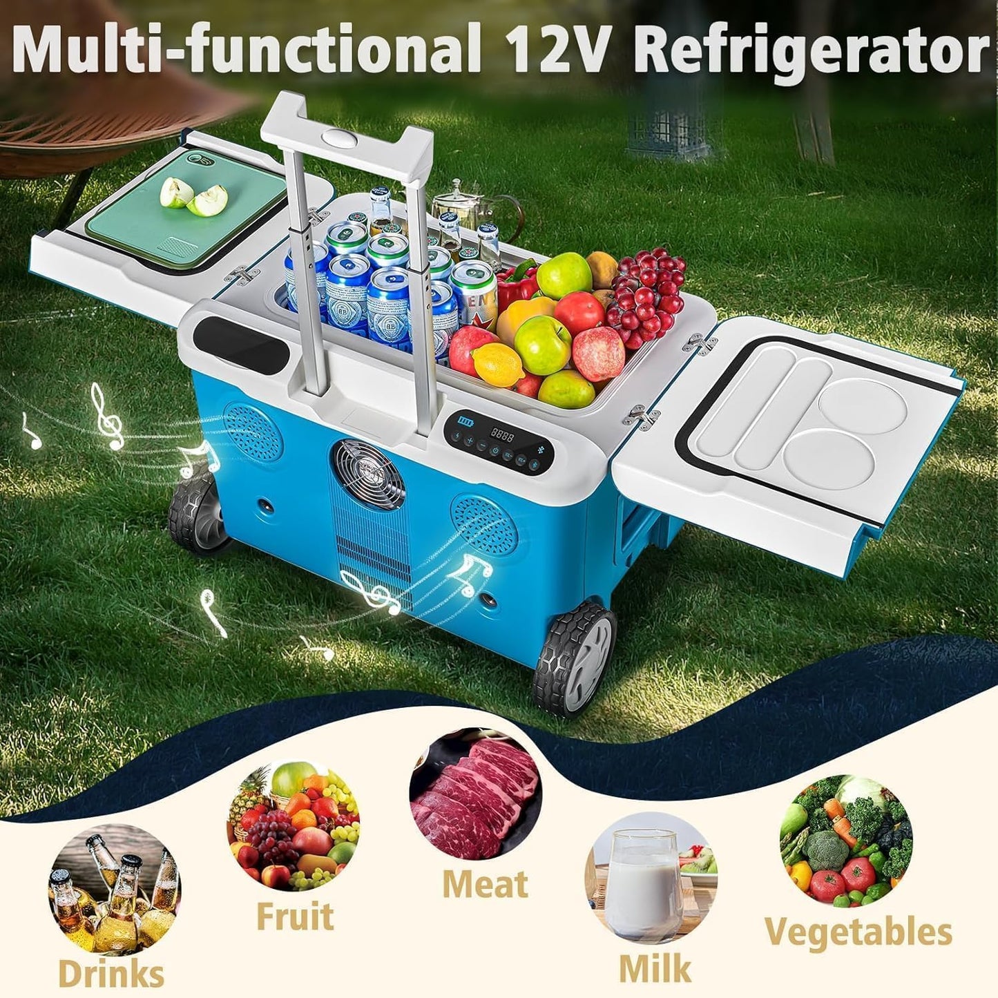 AAOBOSI Car Fridge, 42Quart(40L) Portable 12 Volt Car Refrigerator Cooler with Wheels&Bluetooth Speaker&Handle&Battery Powered, -4℉~68℉ with 12/24V DC,100-240VAC for Camping, Beach,Party,Pool,Travel