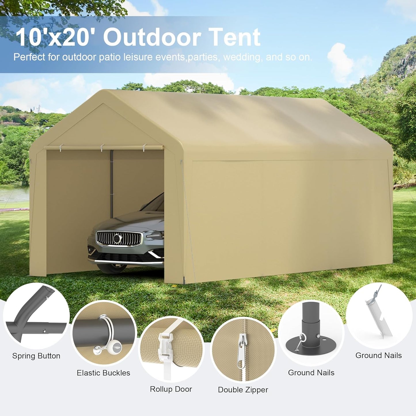 Carport, 10‘ x 20’ Heavy Duty Portable Garage All-Season Car Canopy w/Removable Sidewall & Doors, Carport Canopy Party Tent w/Water-Resistant Tarp for Backyard (Yellow, 10‘ x 20’)
