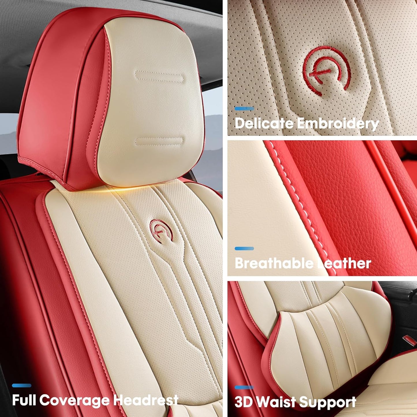 AOOG Car Seat Covers Full Set, Leather Seat Covers for Car, Waterproof Car Seat Protector with Lumbar Support, Automotive Seat Covers Universal Fit for Most Cars SUV Trucks (Full Set, Red)