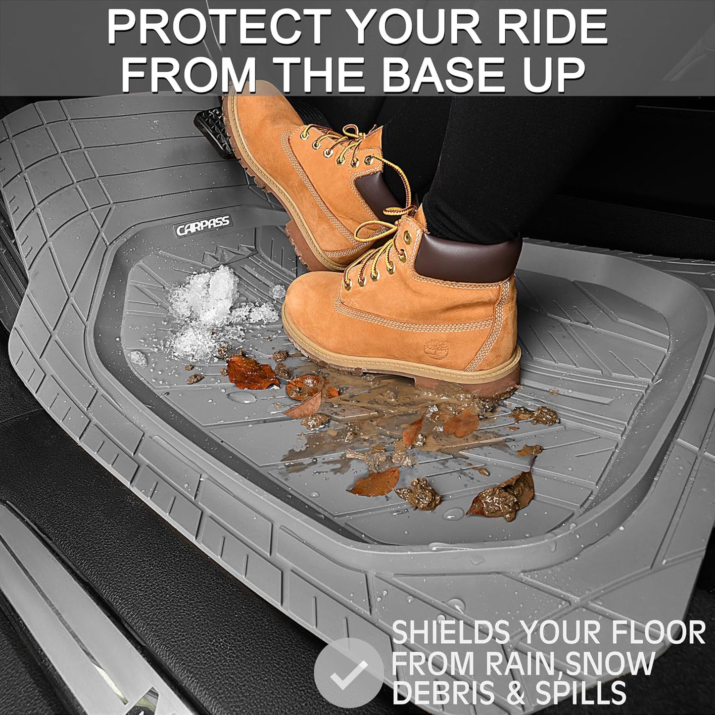 CAR PASS Deep Dish Rubber Floor Mats for Cars Full Set,Heavy Duty Car Mats,Universal Waterproof Trim-to Fit Automotive Floor Mats for Truck Van SUV, Durable All-Weather Car Mats 3-Piece (Light Gray)