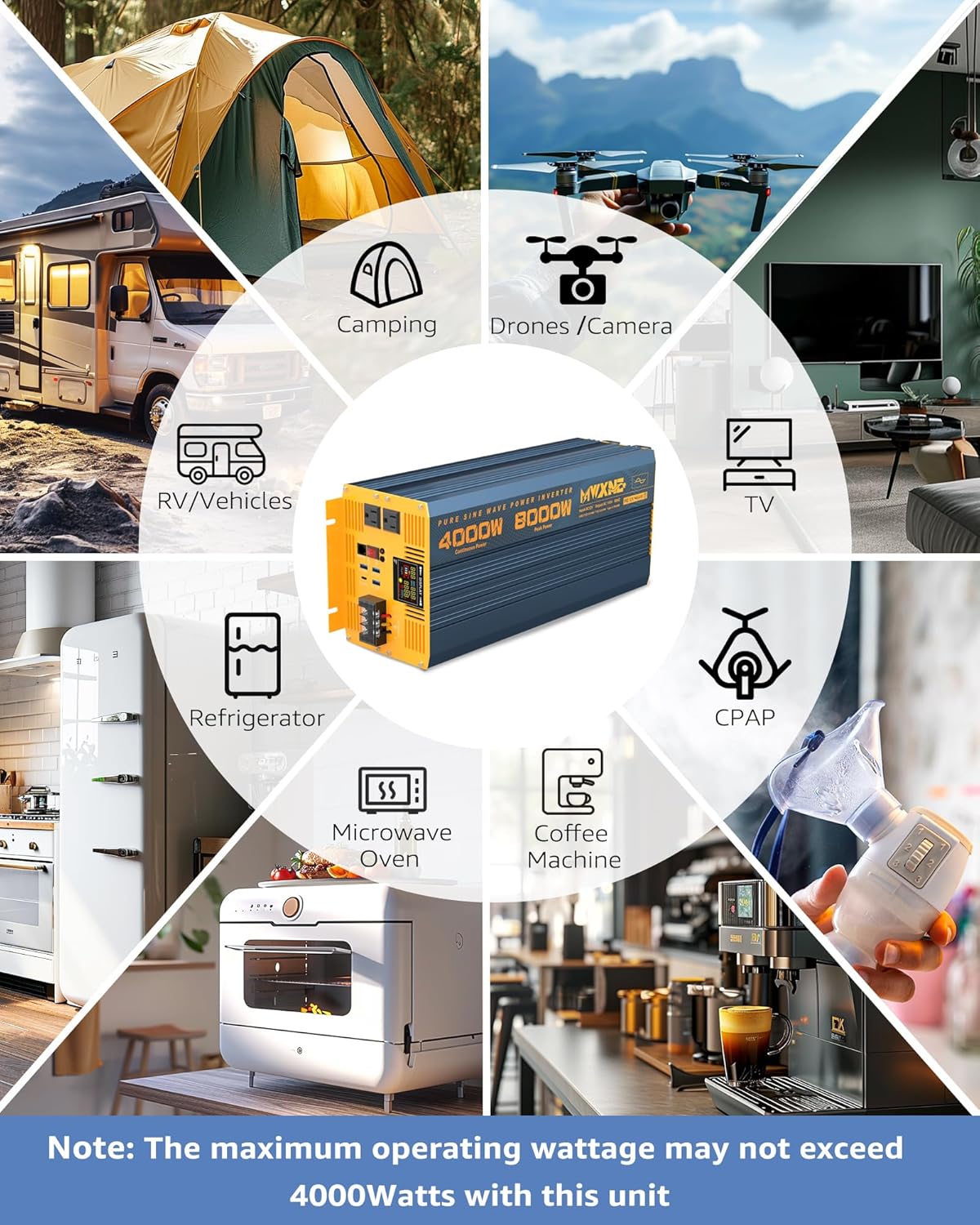 4000W Pure Sine Wave Power Inverter DC 12V to AC 110V 120V for Home RV with Dual AC Outlets 1 USB-C(60W) 3 USB-QC3.0 Fast Car Charger Adapter, LCD Display and Remote Control