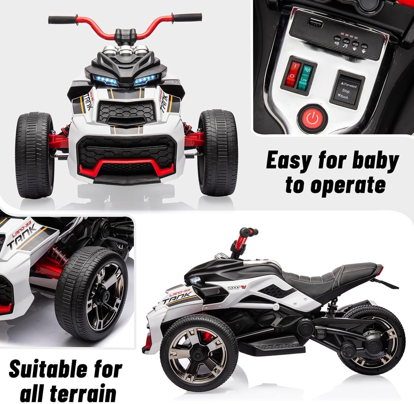 12V Kids Electric Ride-On Car with Parent Remote Control, 7MPH, 2 Speeds, 2x55W Motor, LED Lights, Music, USB & EVA Tires, 3 Wheel Battery Powered Toy Vehicle for Toddlers (White1)