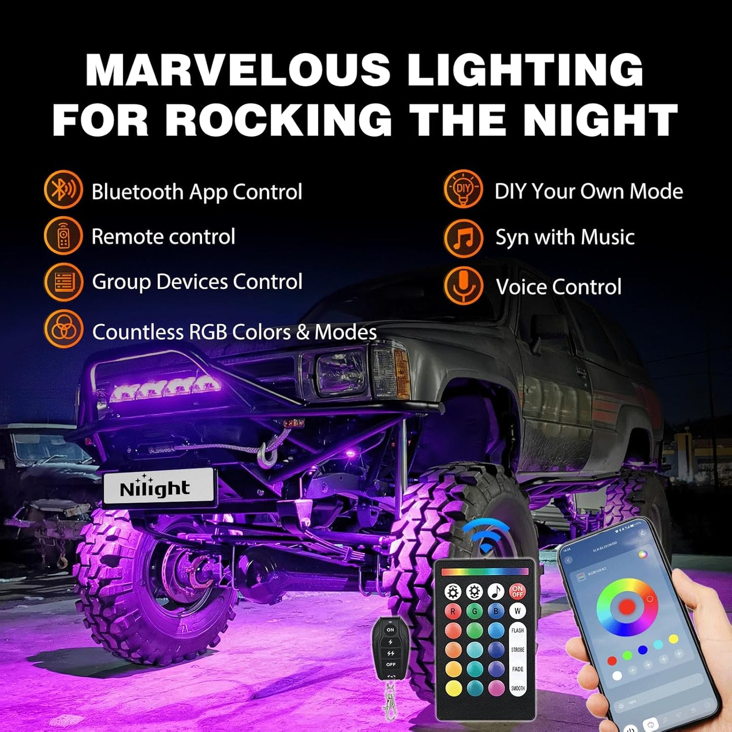 Nilight RGB LED Rock Lights Kit 10 PCS 18LED Wide Angle Wheel Well Light with Remote & Bluetooth App Dual Control Multi Modes Underglow Multicolor Neon Pod for ATV UTV SUV Offroad Truck RZR Boat