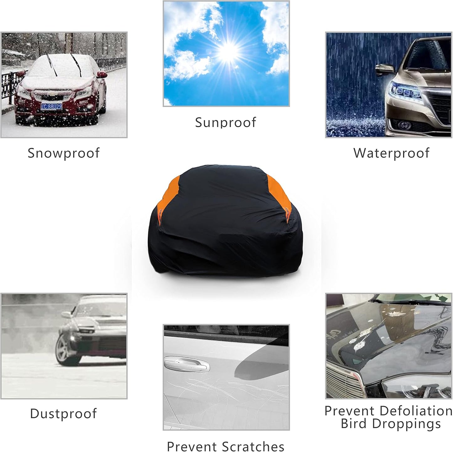 MORNYRAY Waterproof Car Cover All Weather Snowproof UV Protection Windproof Outdoor Full car Cover, Universal Fit for Sedan (Orange, A3-Fit Sedan Length(178-185 inch)