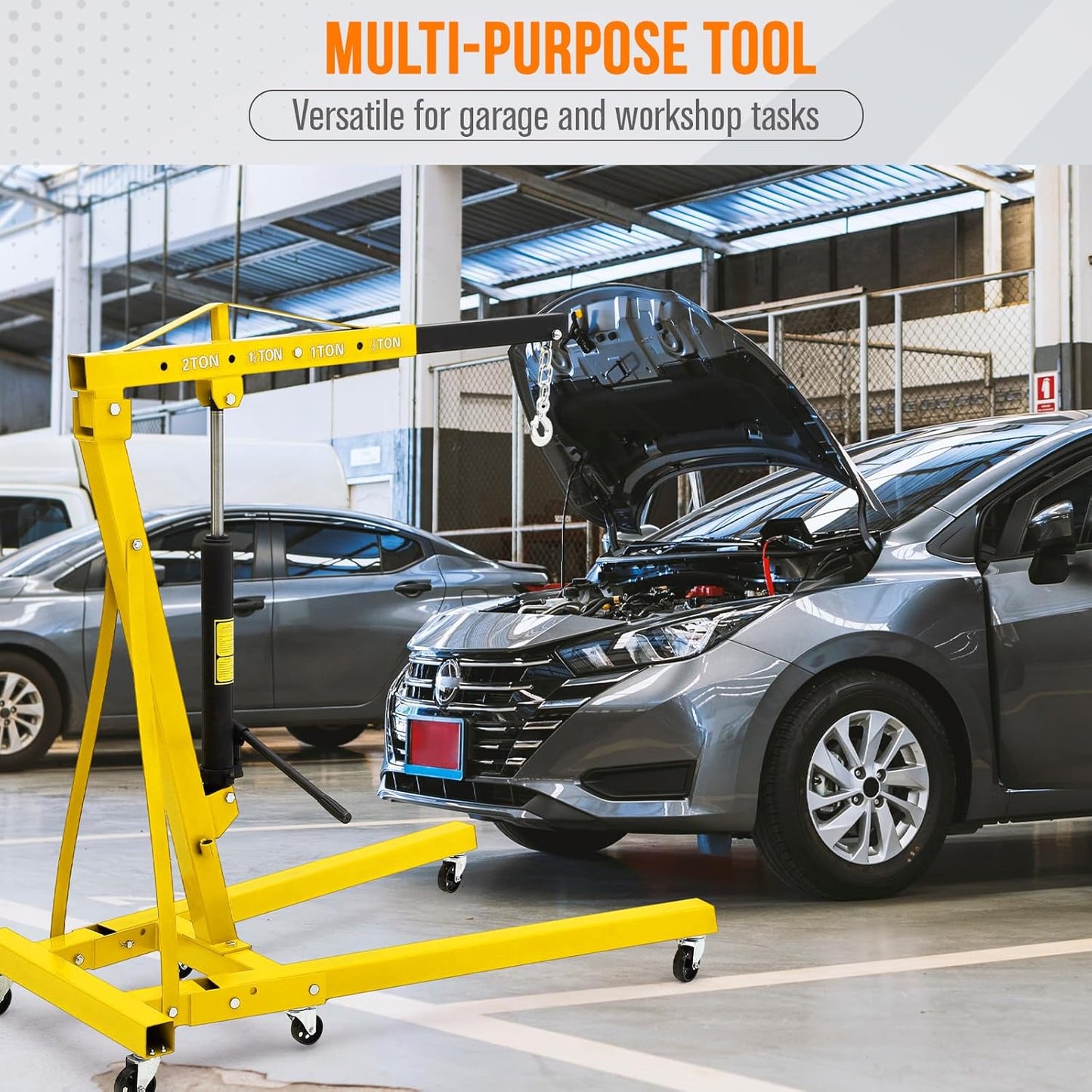 2 Ton Engine Hoist, Hydraulic Cherry Picker Engine Hoist Lift, 4400LBS Heavy Duty Crane Lifter with 6 Casters and Telescopic Boom, Foldable & Portable Design, for Garage, Workshop, Warehouse (Yellow)