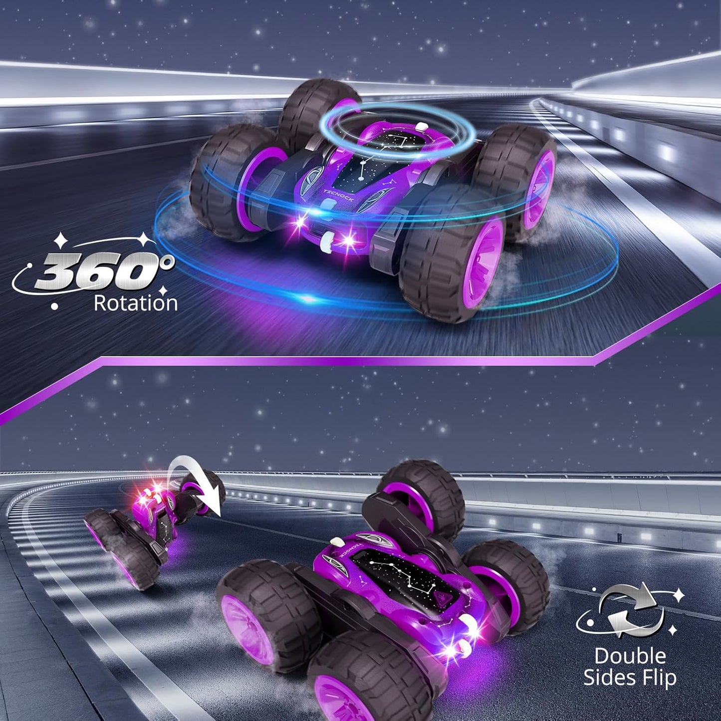 Tecnock Remote Control Car for Kids, 2.4GHz RC Cars with USB-C Easy Charging, 4WD Double Sided 360° Rotates and Flips RC Stunt Car, Toys Gift for Boys and Girls