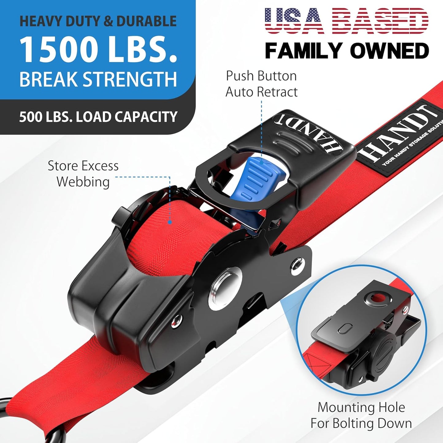 HandT USA Based Retractable Ratchet Straps (2PK) 1in x 6ft - 1,500lb Break Strength, Heavy Duty Automatic Ratchet Straps Self Retractable Tie Down, Push Button Retracting Truck Trailer Cargo | Red