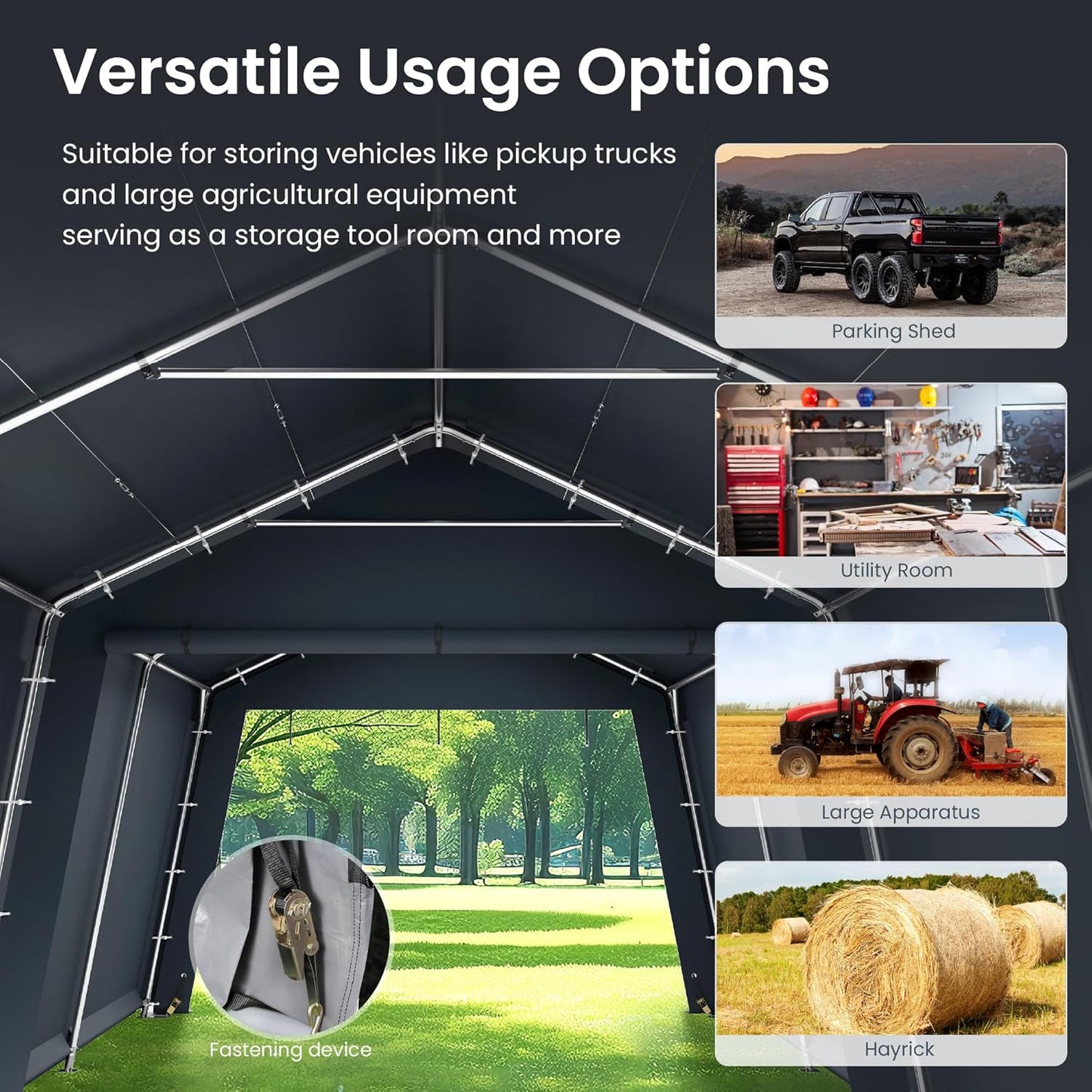 PHI VILLA 13'X22'X9.6' Outdoor Portable Storage Shelter Shed Garage with Roll up Zipper Doors & Vents Carport for Motorcycle Waterproof and UV Resistant Anti-Snow Portable Garage Kit Tent, Gray