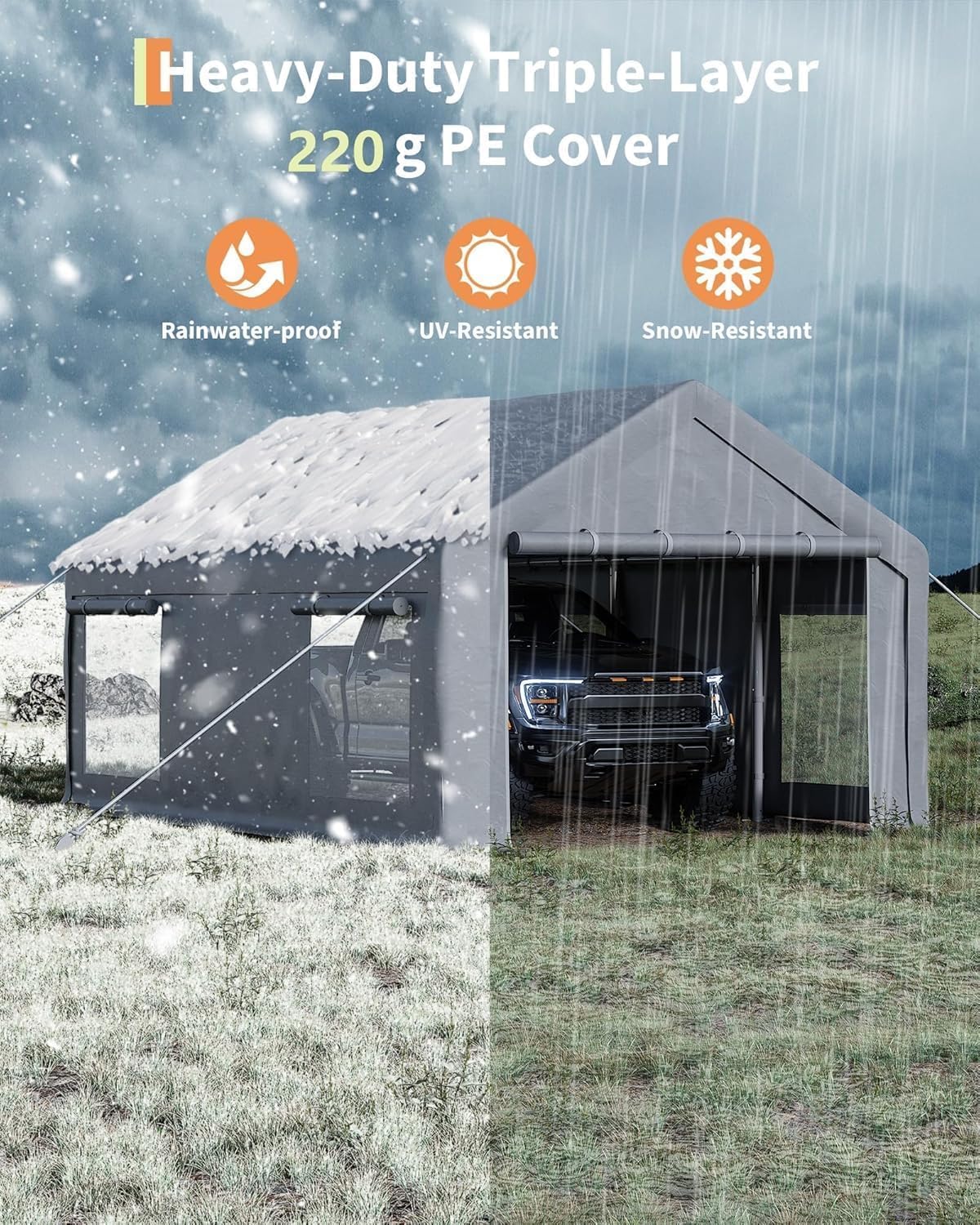 13 x 20ft Heavy-Duty Carport Canopy with Roll-Up Windows & DoorsThickened Wind Ropes, Ground Nails, Portable Car Tent Garage for Cars, Trucks, Boats, 180G Durable Tarp Cover,Grey