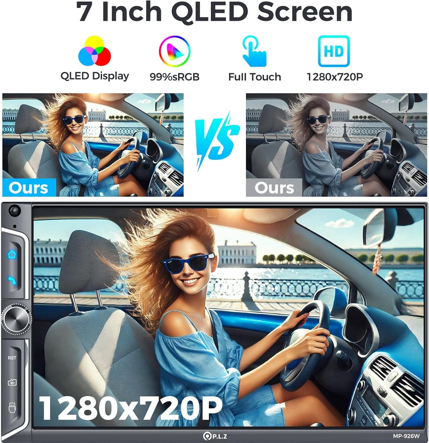 PLZ 7" QLED Wireless Double Din Car Stereo - Apple CarPlay & Android Auto, 240W 4.2CHN, 2 Subwoofers Outputs, SWC, Bluetooth, FM/AM Car Radio, Backup Camera
