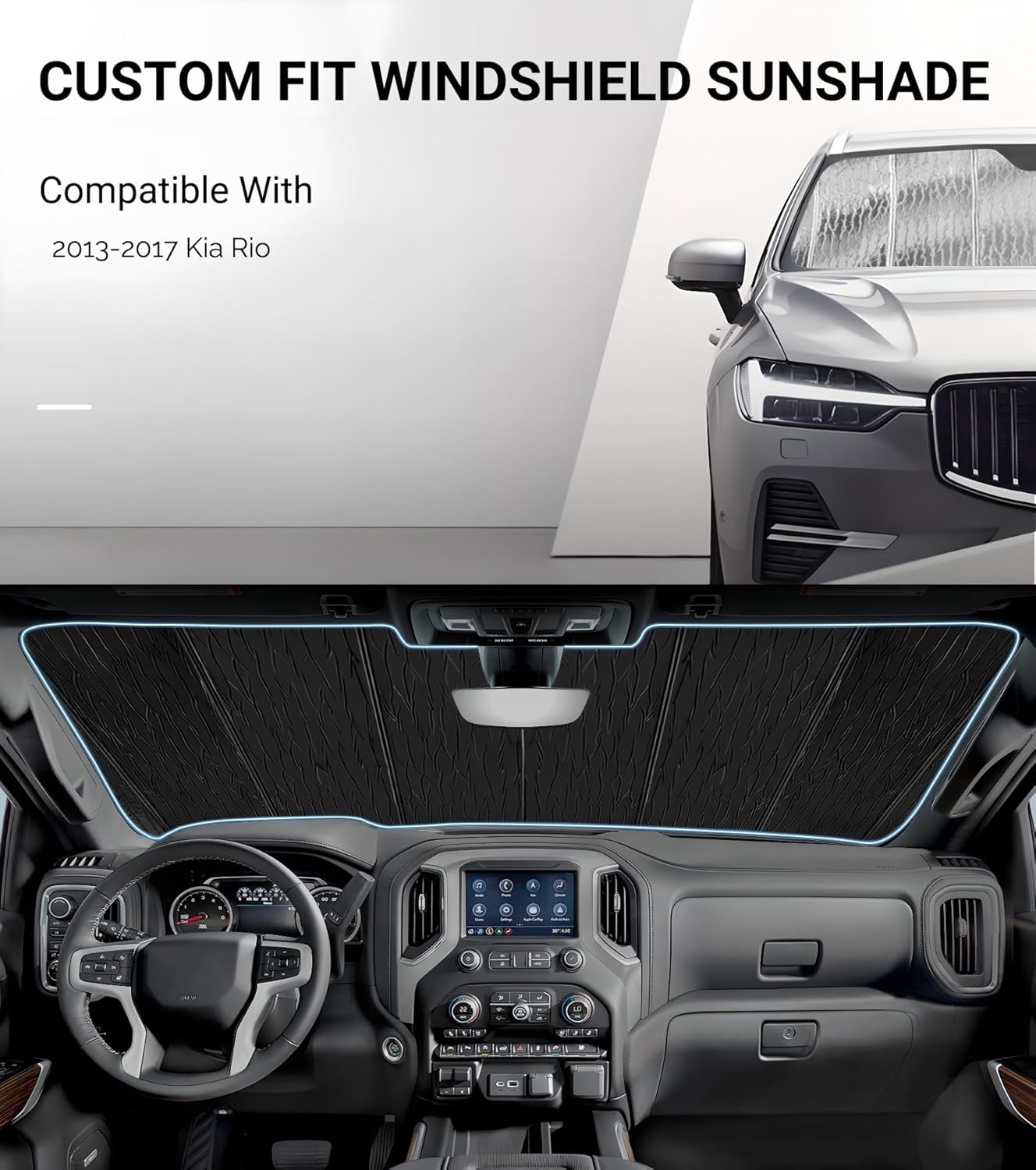Windshield Sun Shade for Kia Rio 2013-2017,Front Window Sunshade Shield, 2-in-1 Reflective Sun Shade,Silver for Summer, Black for Winter