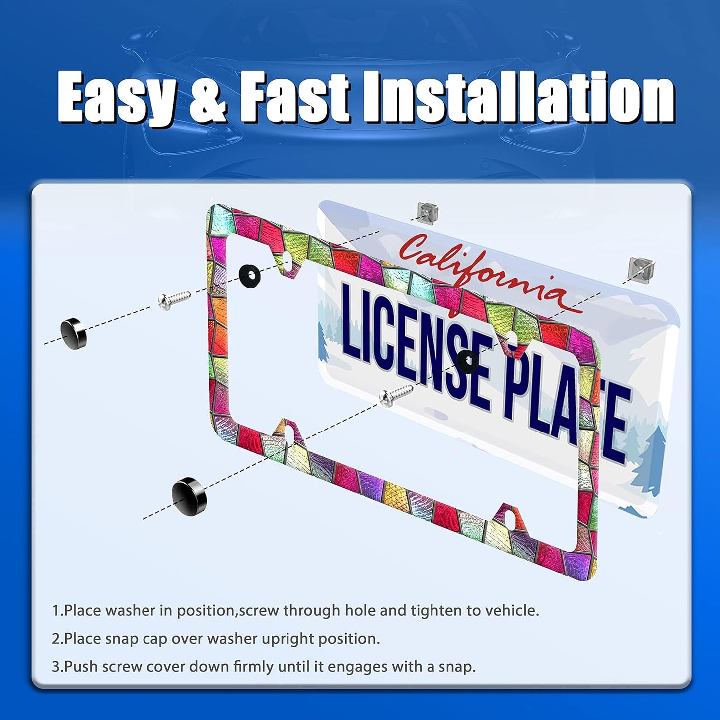 Pretty Cut Glass License Plate Frame Colorful License Plate Stainless Steel Parts Funny License Plate Decorative with Screws Size 12.3" x 6.3" Men Women