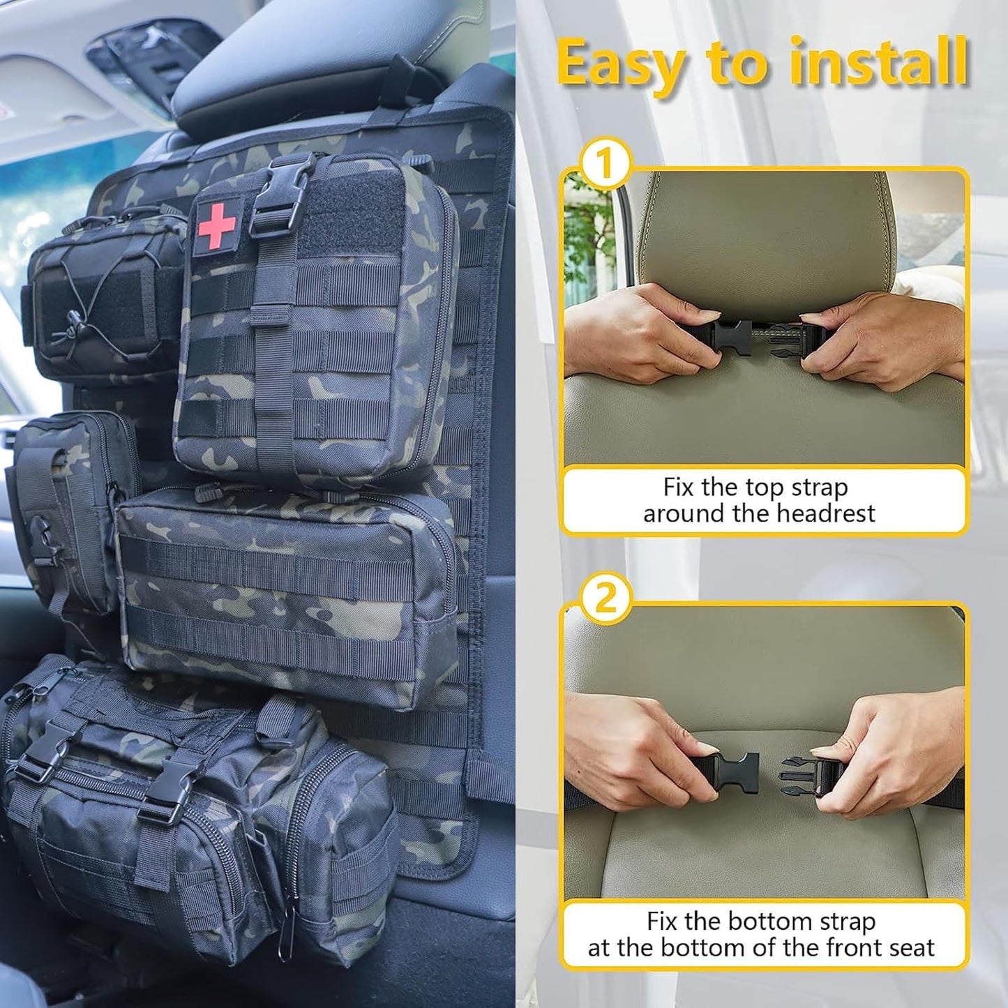 Universal Tactical Seat Back Organizer Vehicle Molle Panel Organizer Storage Bag with 5 Detachable Molle Pouch for All Vehicel Such as Jeep,Truck,SUV, Car, Ford,Chevy etc