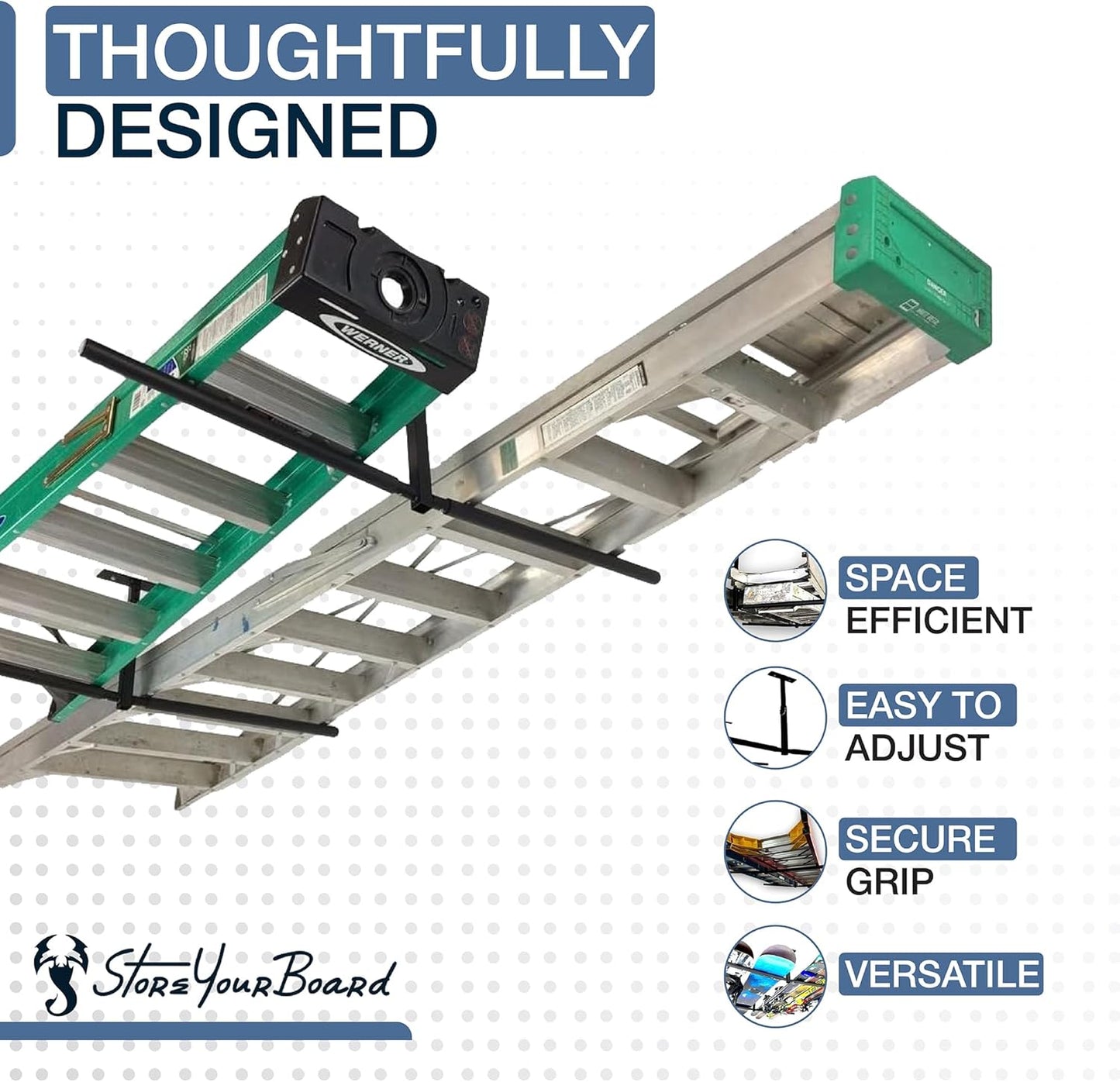 StoreYourBoard Double Ladder Ceiling Rack – Hi Port 2 Garage Ceiling Ladder Hanger | Adjustable Overhead Ladder Storage for Step & Extension Ladders | Garage Organization | Holds 150 lbs