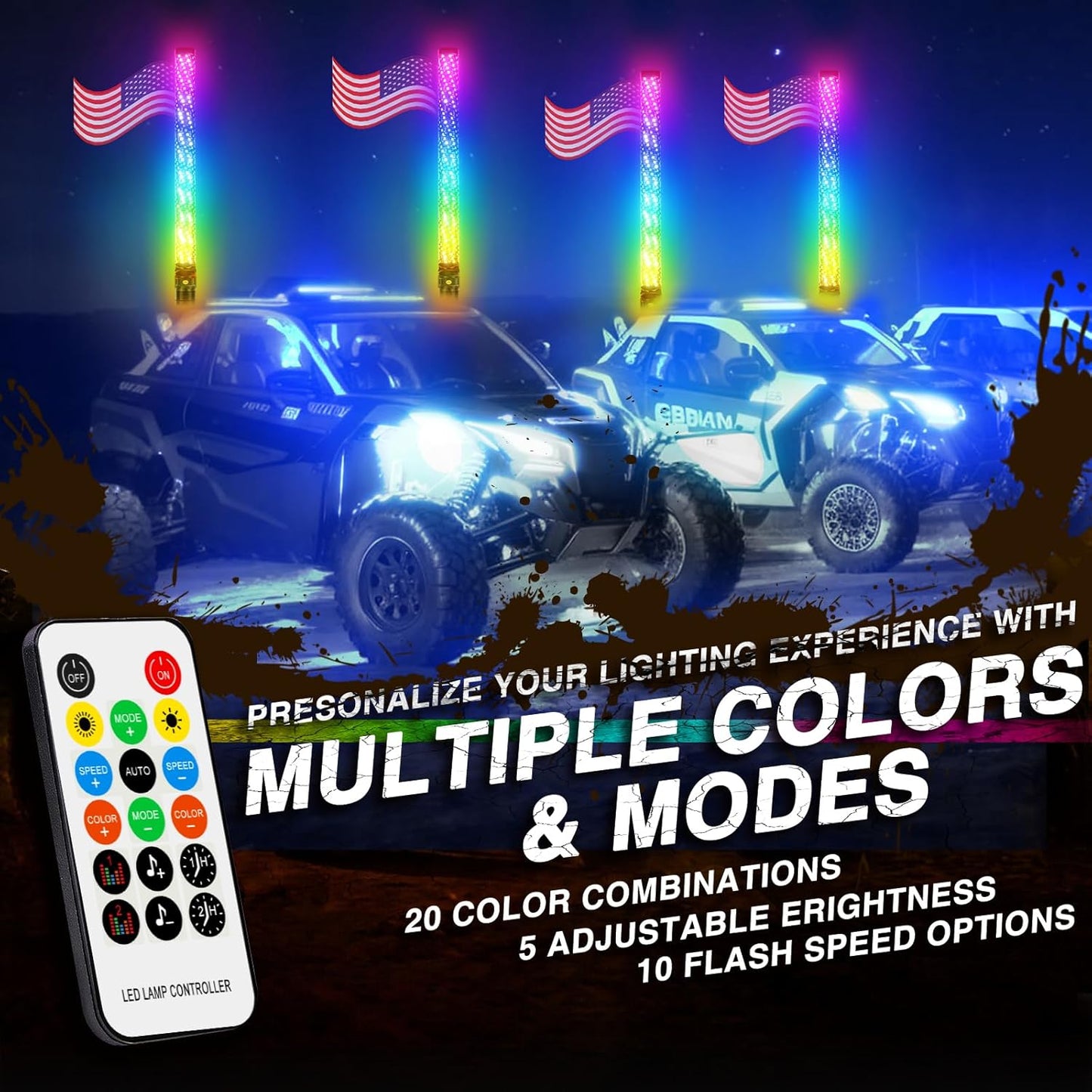 DREAMIZER 2PCS 3FT RGB Whip Lights for UTV ATV Brighter Spiral Chasing Lighted Antenna Whip for Side by Side with APP and Remote Control for Jeep Off-Road RZR Polaris Truck Car 4X4 Sand Buggy Dune